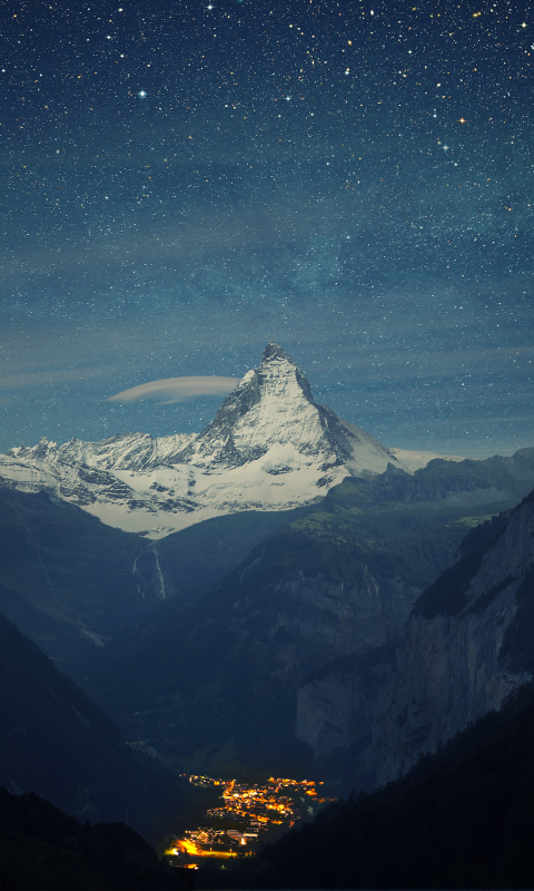 Download mobile wallpaper Landscape, Night, City, Mountain, Peak, Light, Starry Sky, Switzerland, Valley, Photography, Matterhorn for free.