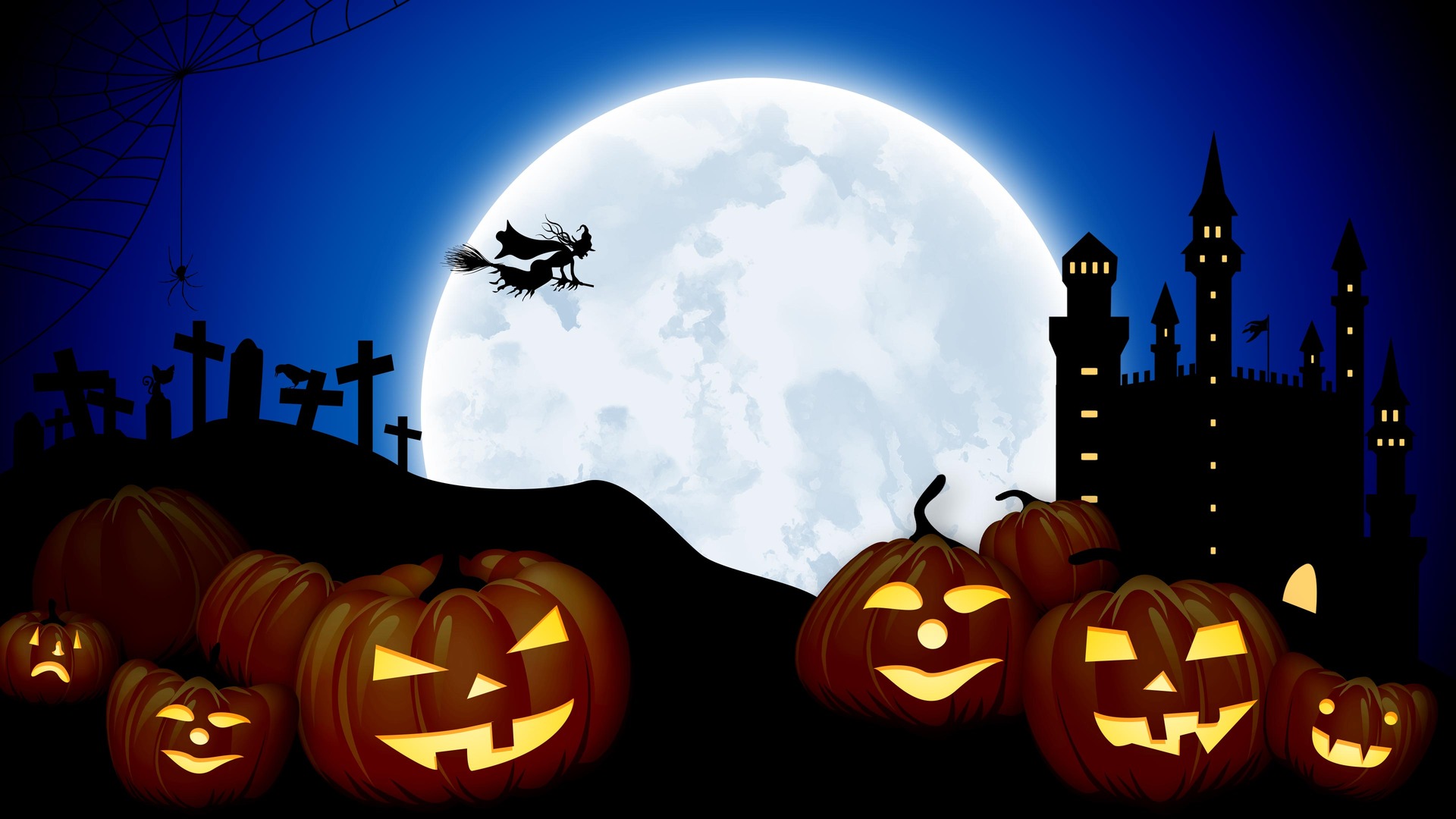 Скачать обои бесплатно Ночь, Луна, Замок, Хэллоуин, Фонарь Джека, Ведьма, Праздничные, Кладбище картинка на рабочий стол ПК