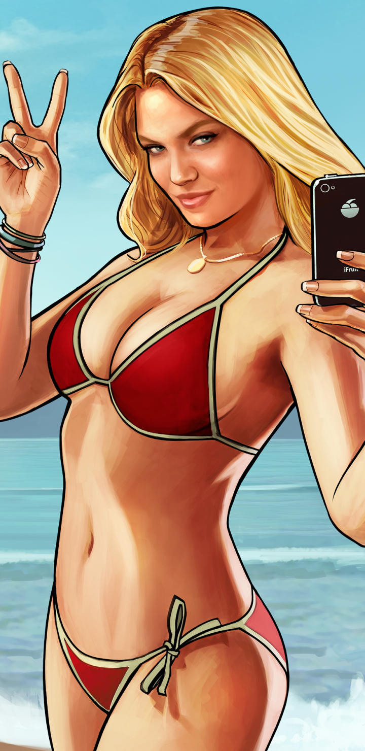 Download mobile wallpaper Blonde, Video Game, Bikini, Phone, Grand Theft Auto, Grand Theft Auto V, Peace Sign for free.