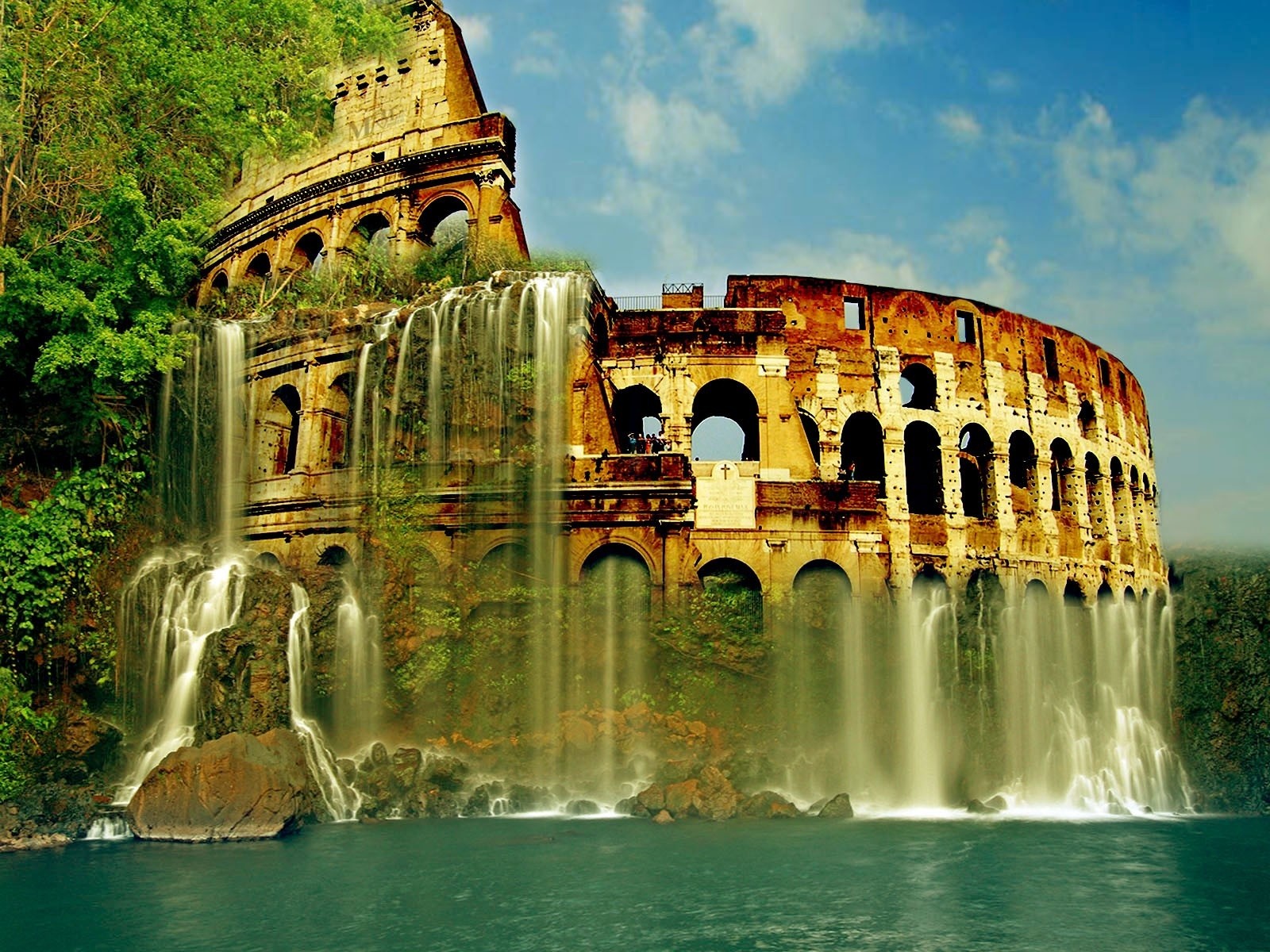 Download mobile wallpaper Fantasy, Colosseum, Waterfall, Ocean, Artistic, Ruin for free.