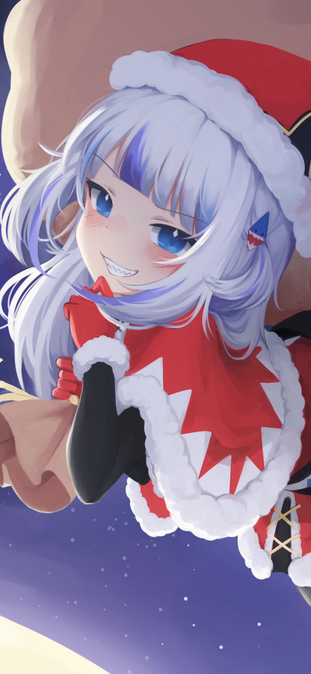 Download mobile wallpaper Anime, Blue Eyes, White Hair, Santa Hat, Virtual Youtuber, Hololive, Gawr Gura for free.