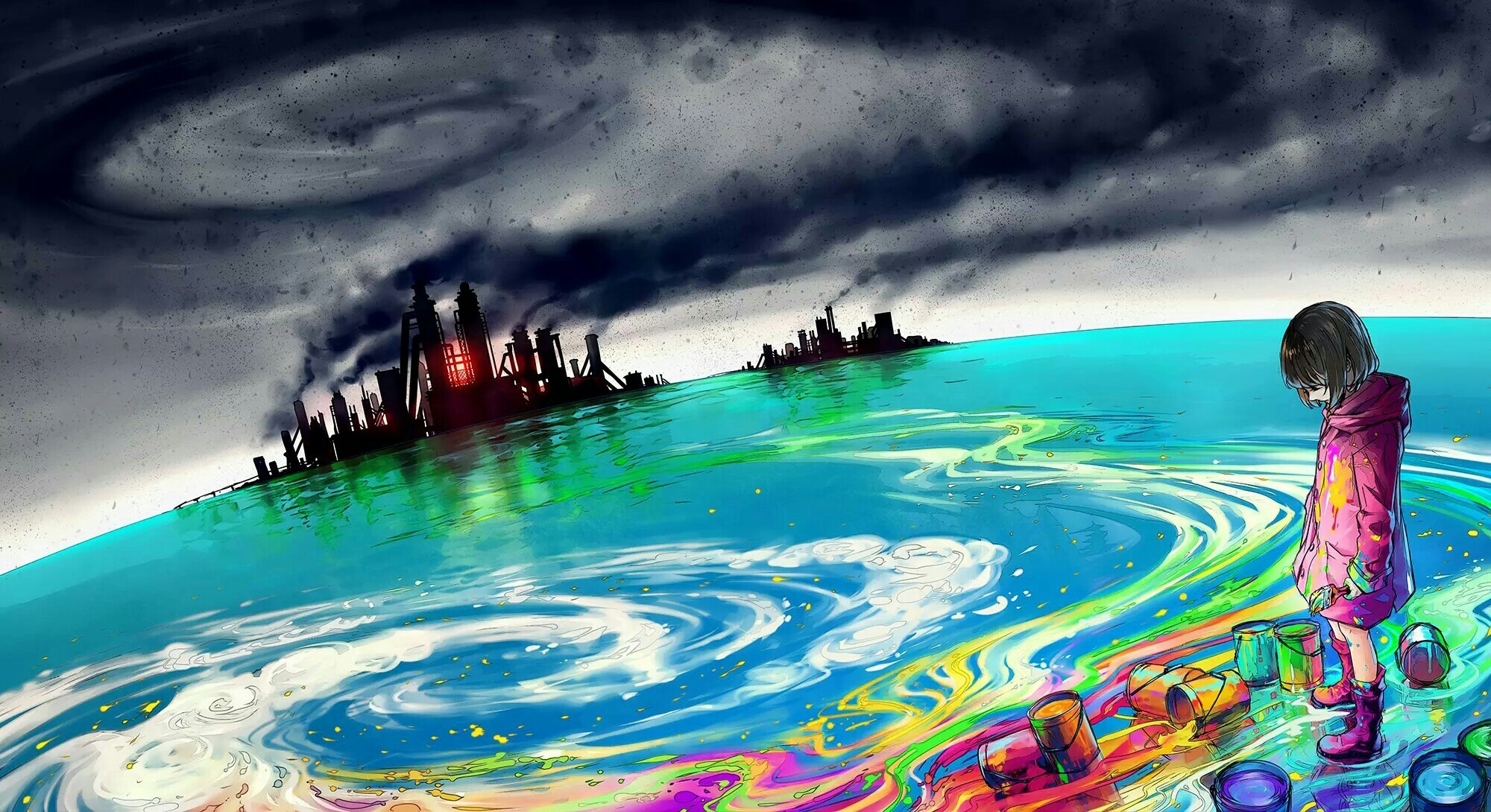 paint, pollution, anime, original, colors, factory, ocean, sky, smoke