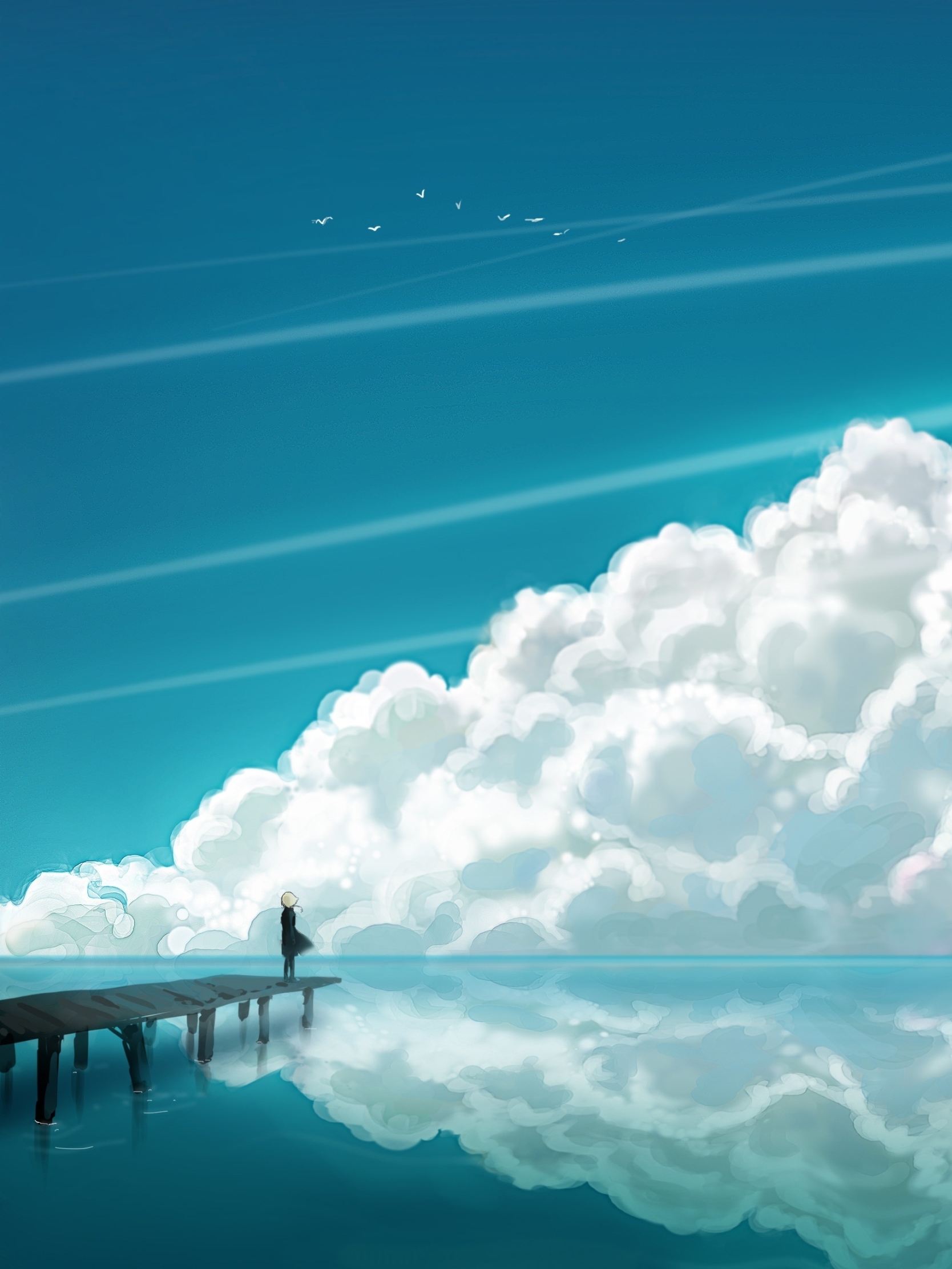 Скачать картинку Аниме, Небо, Облака, Отражение, Пирс, Океан, Облако в телефон бесплатно.