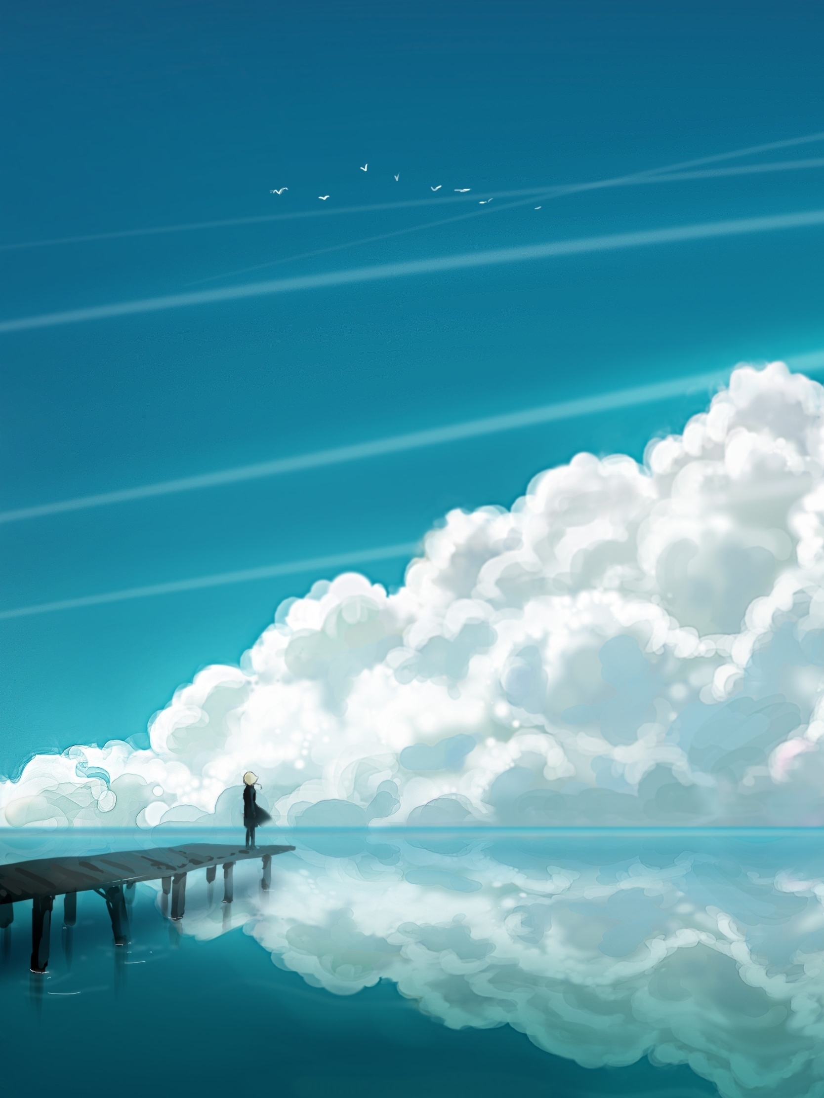 Download mobile wallpaper Anime, Sky, Reflection, Pier, Ocean, Cloud for free.