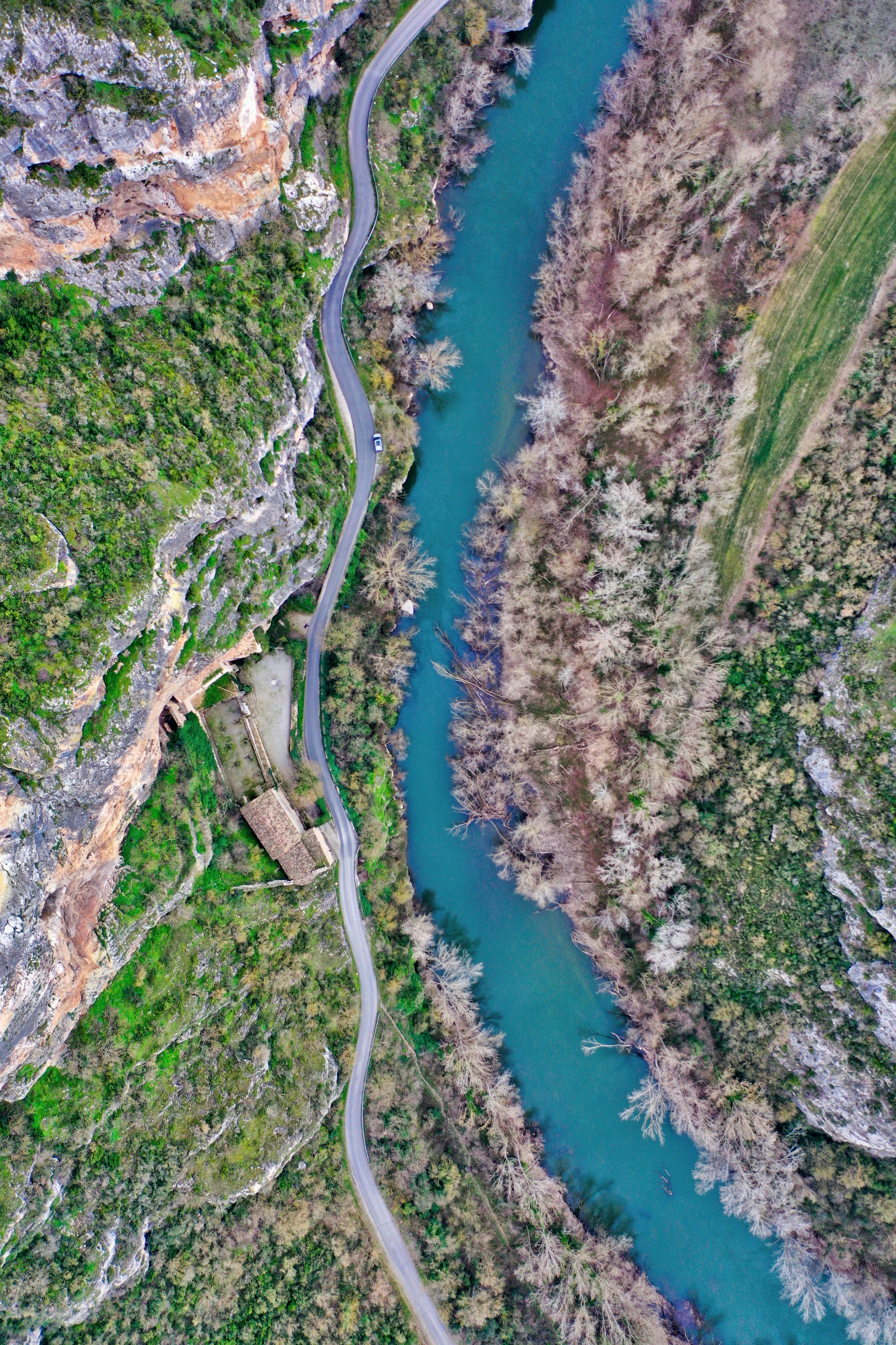 nature, rivers, view from above, road, relief Smartphone Background