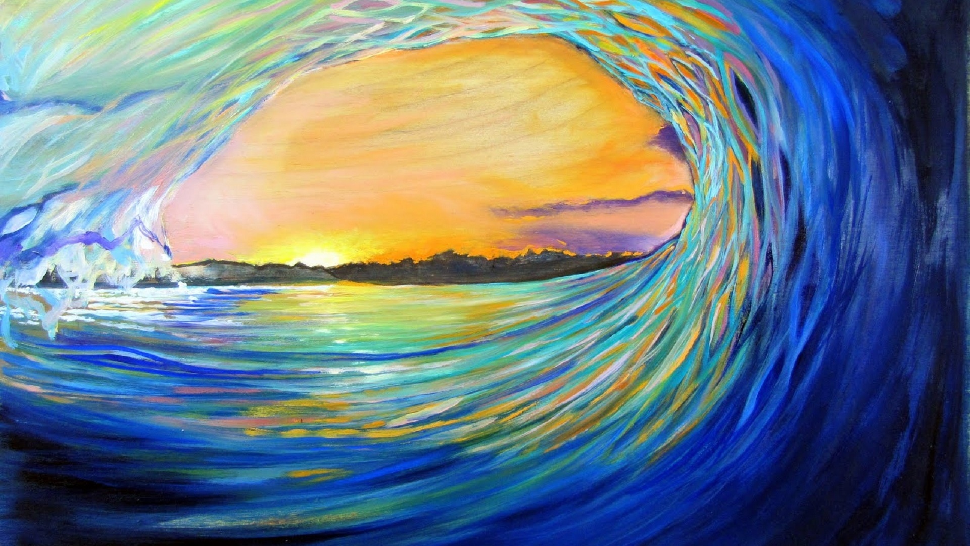 Free download wallpaper Sunset, Sea, Sun, Ocean, Painting, Artistic, Wave on your PC desktop