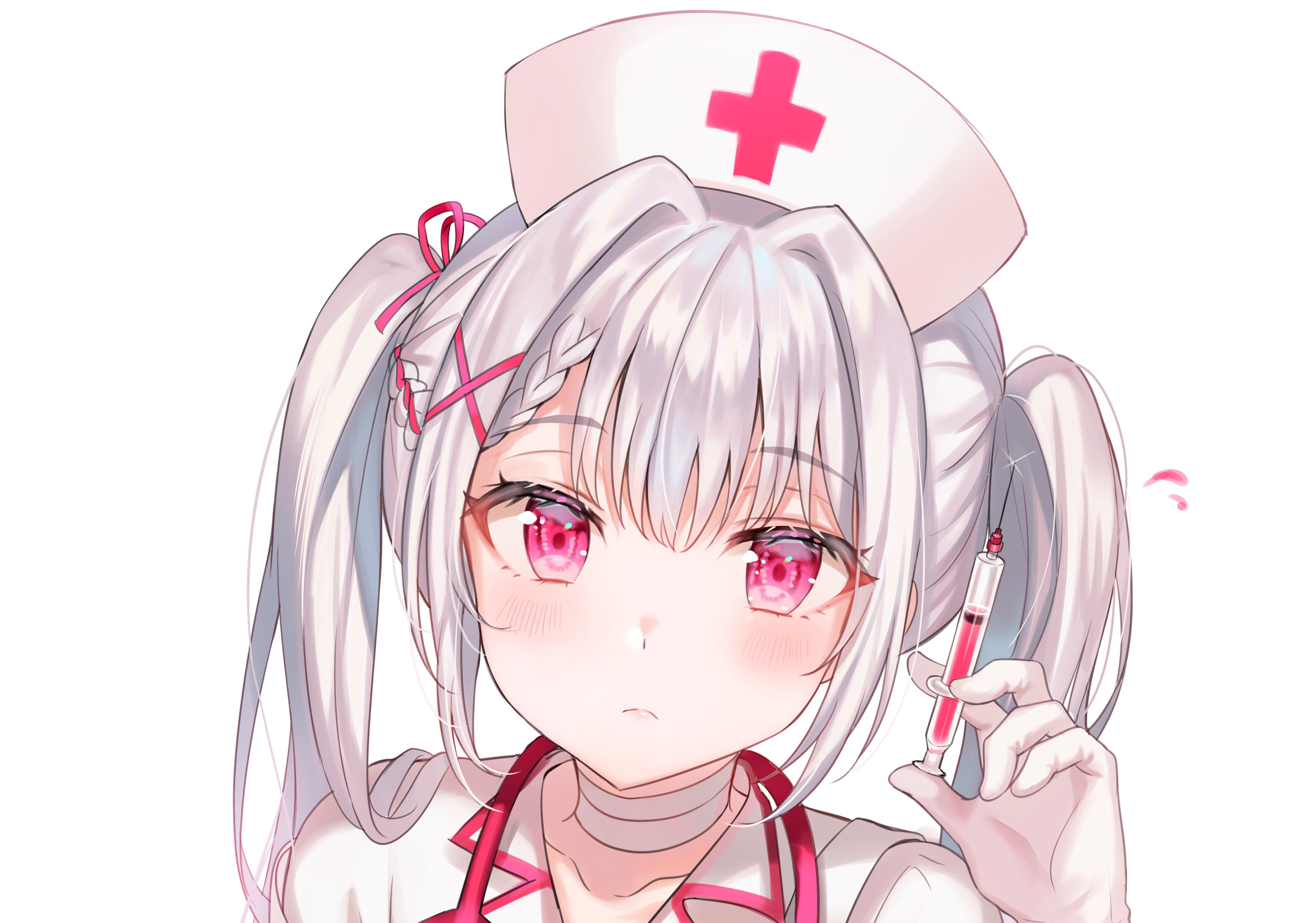 994599 завантажити картинку медсестра, аніме, оригінал, рожеві очі, шприц, двохвостики - шпалери і заставки безкоштовно