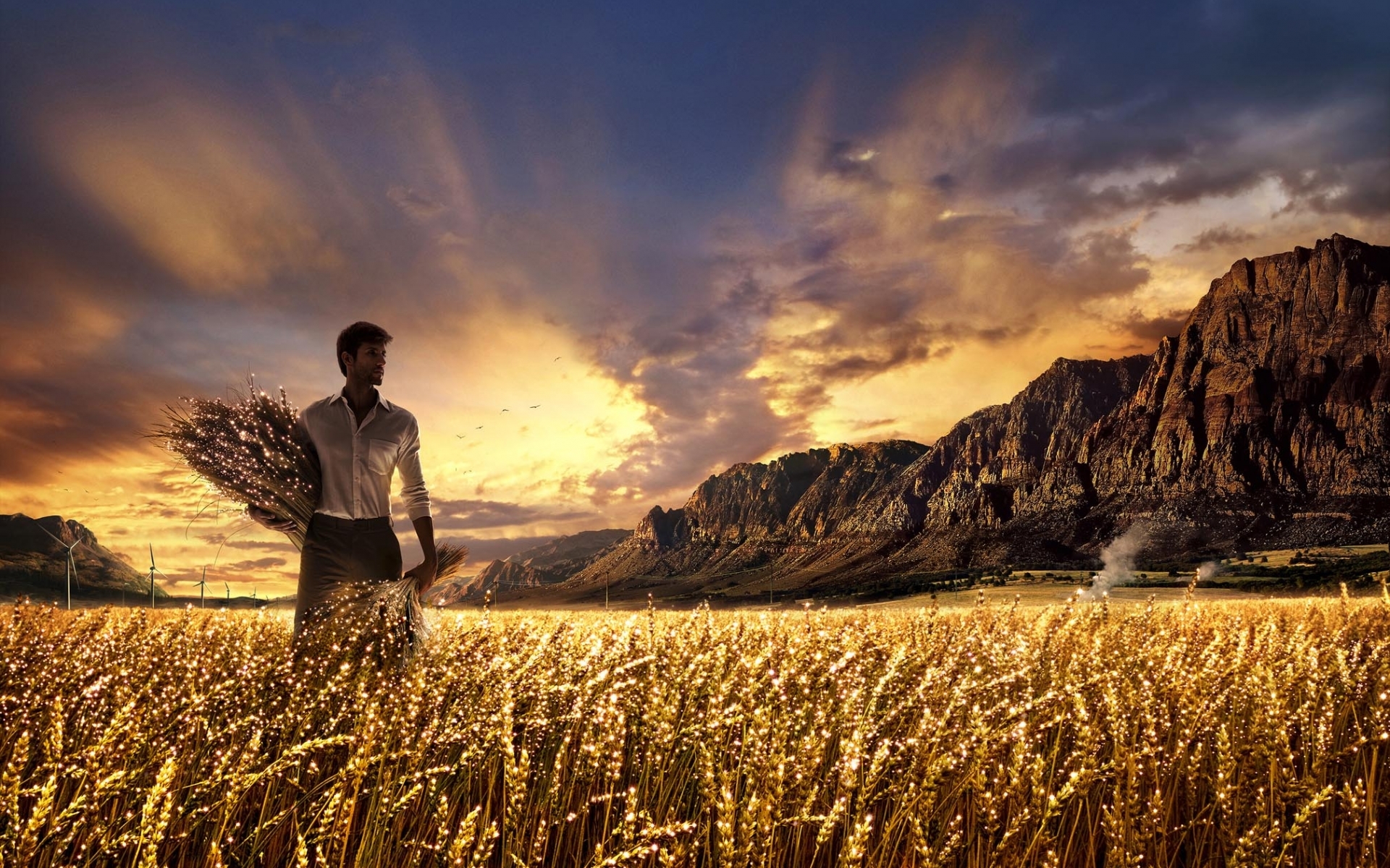 wheat, landscape, people, fields, mountains, men HD for desktop 1080p