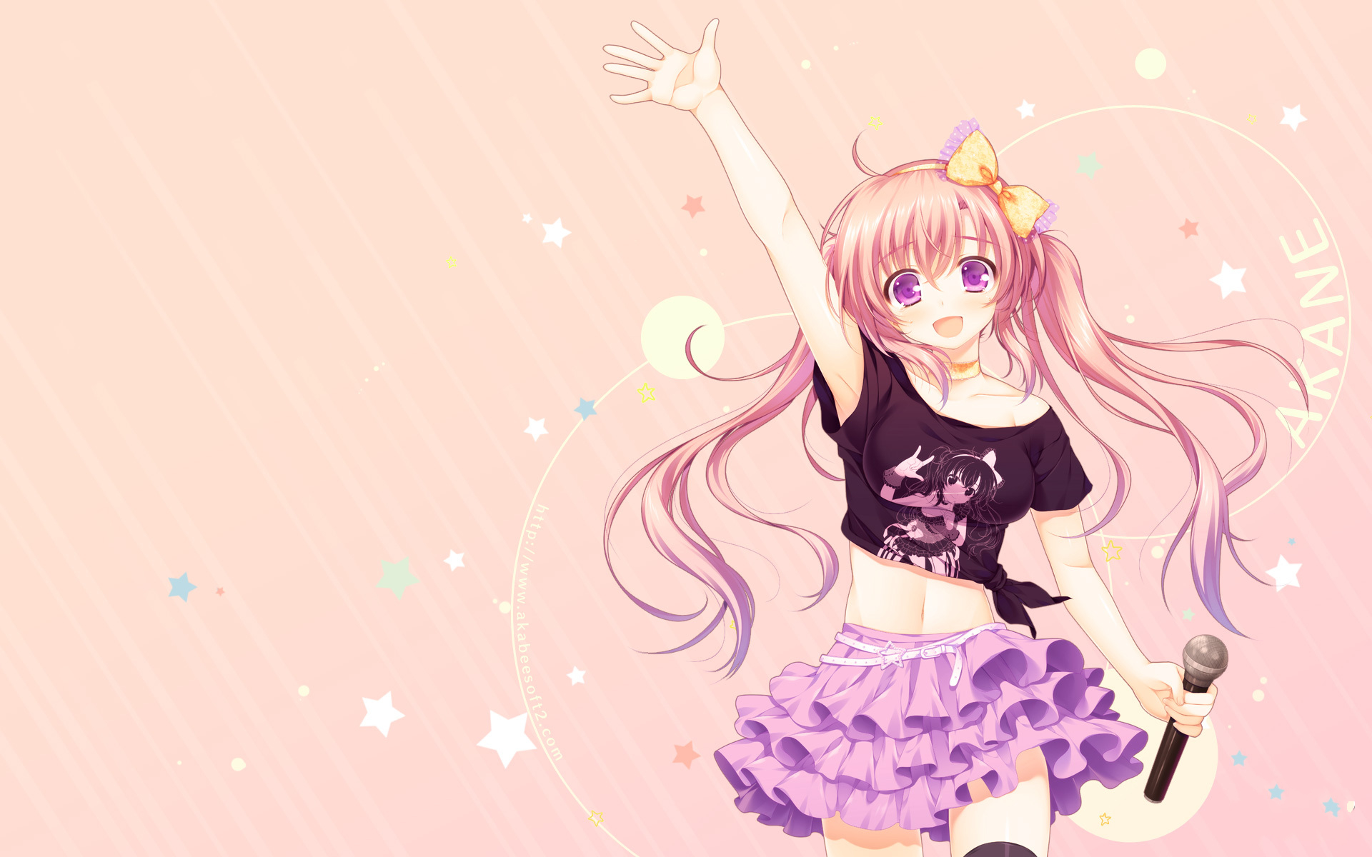 Download mobile wallpaper Anime, Smile, Microphone, Skirt, Original, Pink Hair, Long Hair, Purple Eyes for free.