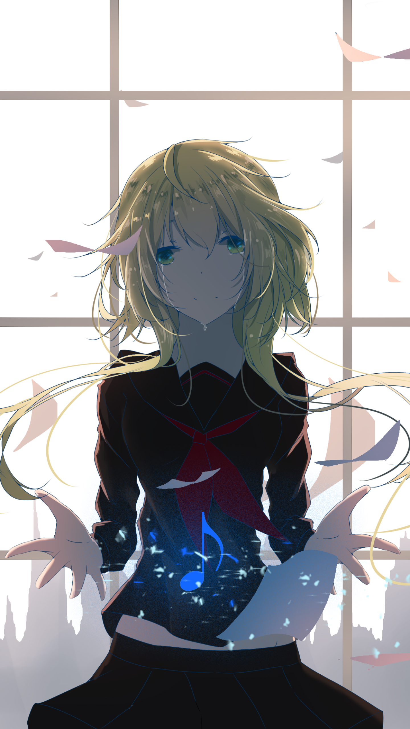 Download mobile wallpaper Anime, Blonde, Vocaloid, Green Eyes, Tears, School Uniform, Long Hair, Gumi (Vocaloid) for free.