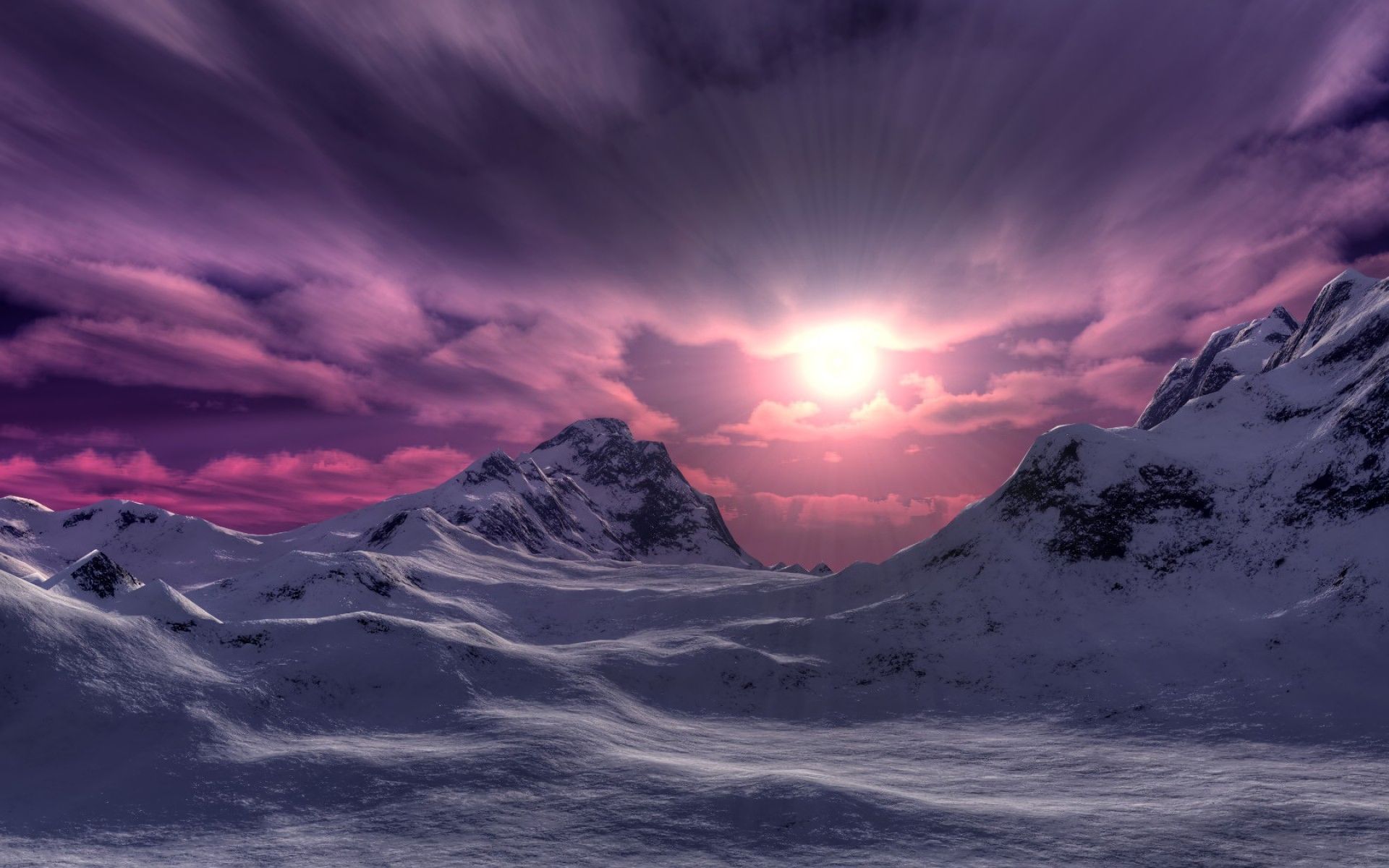 無料モバイル壁紙冬, 日没, ピンク, 雪, 山, 地球, 太陽, 空をダウンロードします。