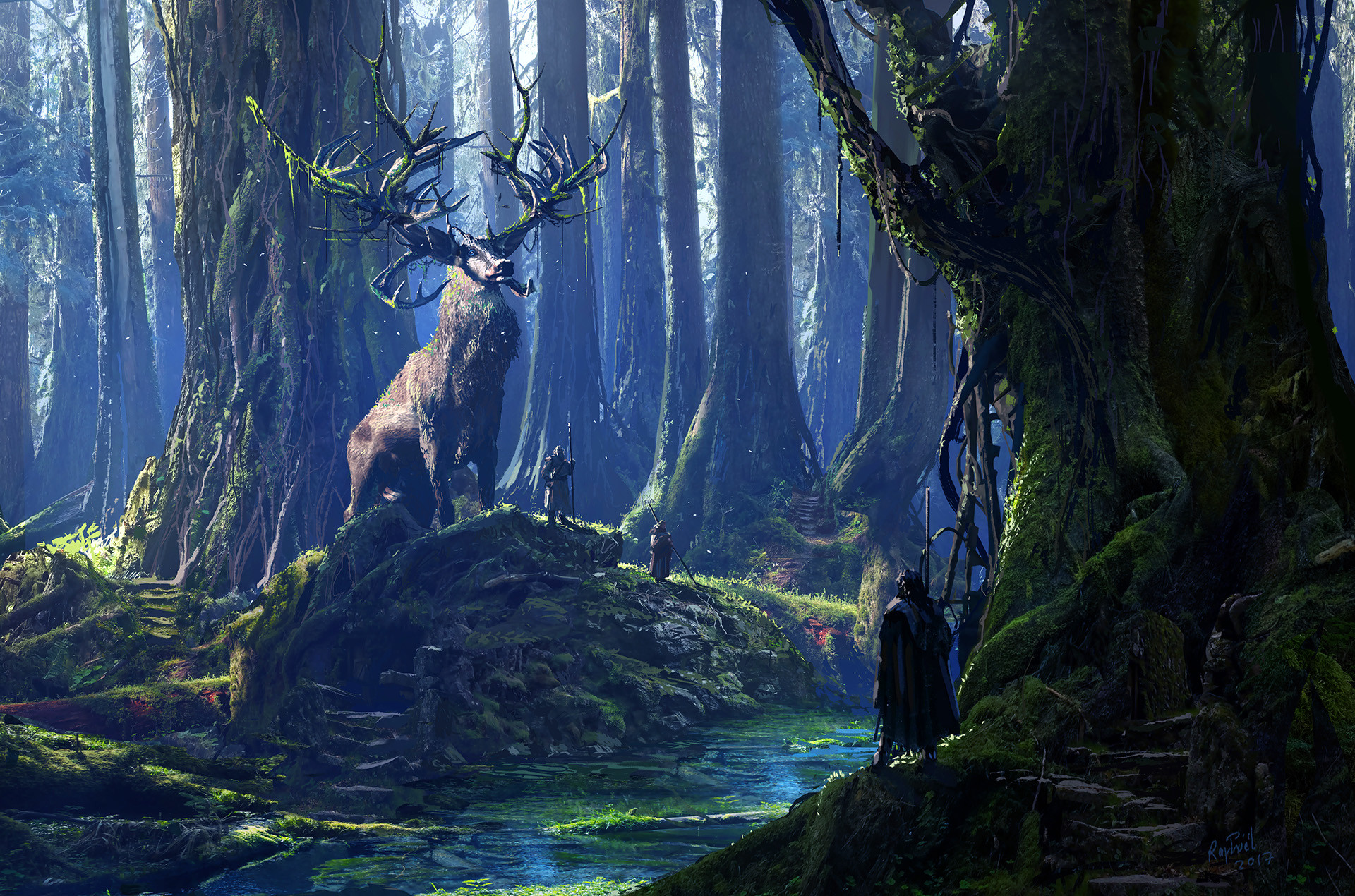 Download mobile wallpaper People, Fantasy, Forest, Tree, Deer, River, Giant for free.