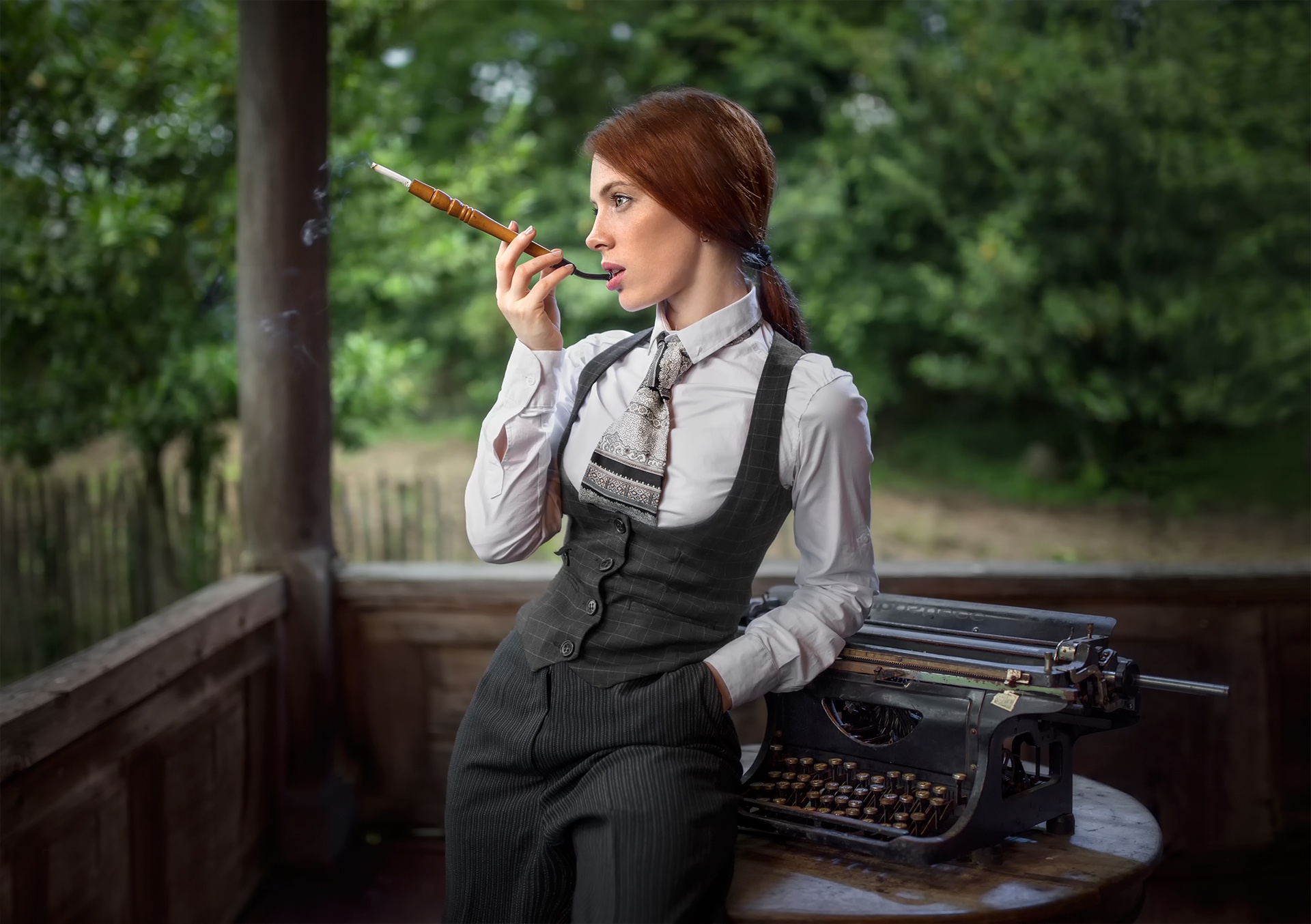 women, model, depth of field, redhead, smoking, typewriter