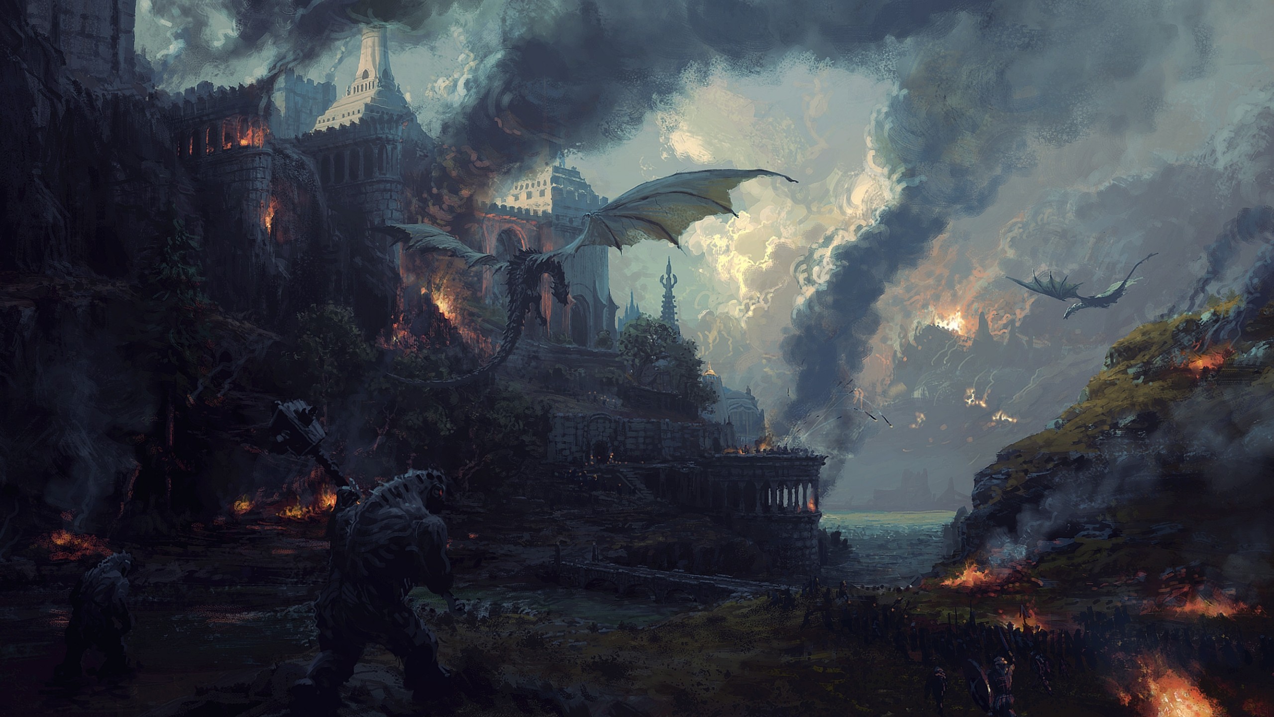 Download mobile wallpaper Fantasy, Dragon, Battle, Castle for free.