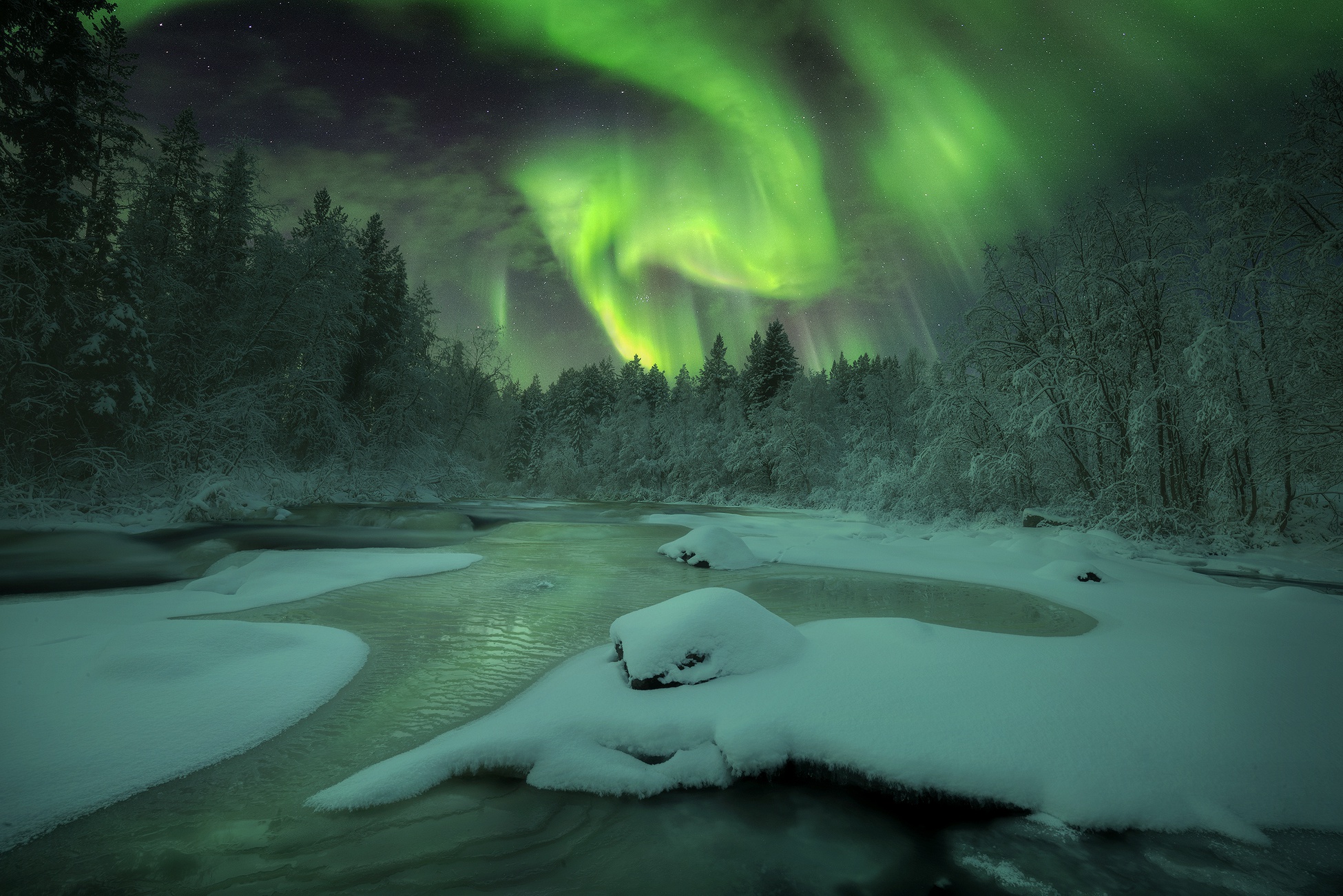 Download mobile wallpaper Winter, Sky, Night, Snow, Earth, Aurora Borealis, River for free.