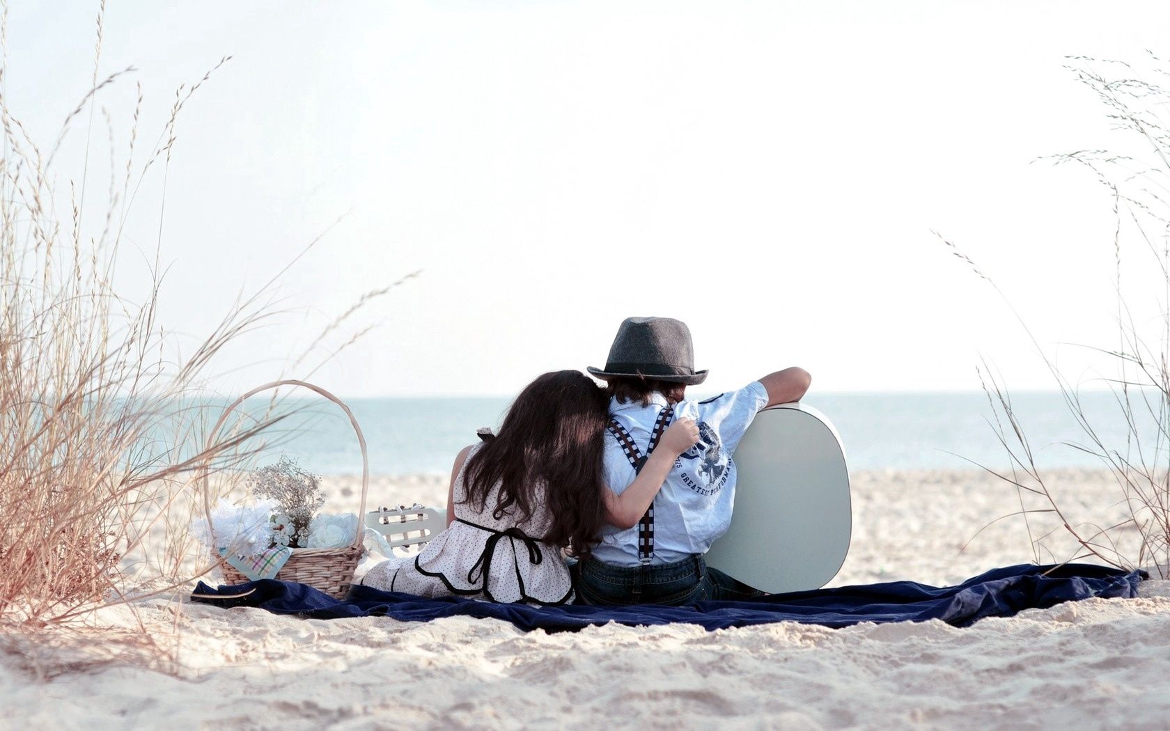 couple, grass, sand, love, pair, girl, basket, date