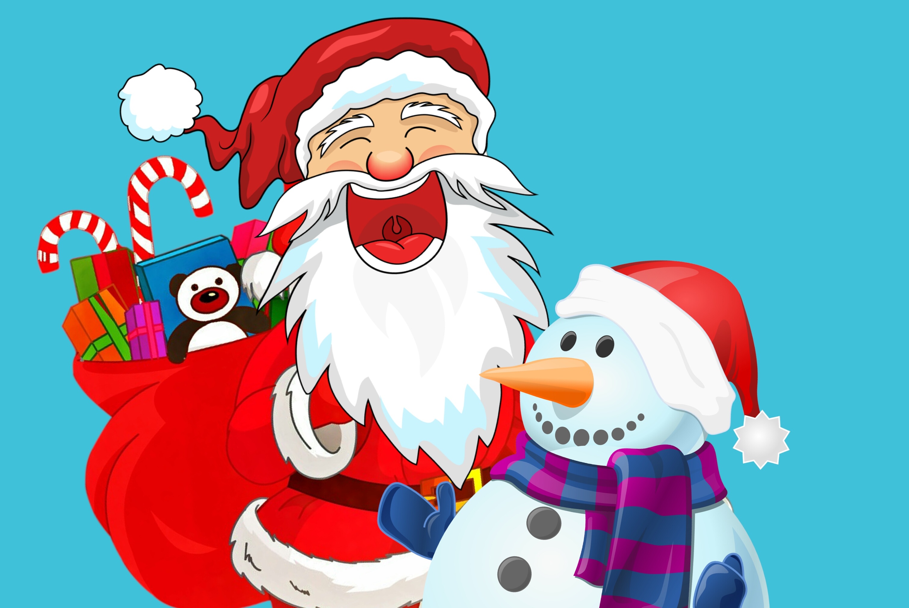 Скачать картинку Рождество, Снеговик, Подарки, Праздничные, Санта в телефон бесплатно.