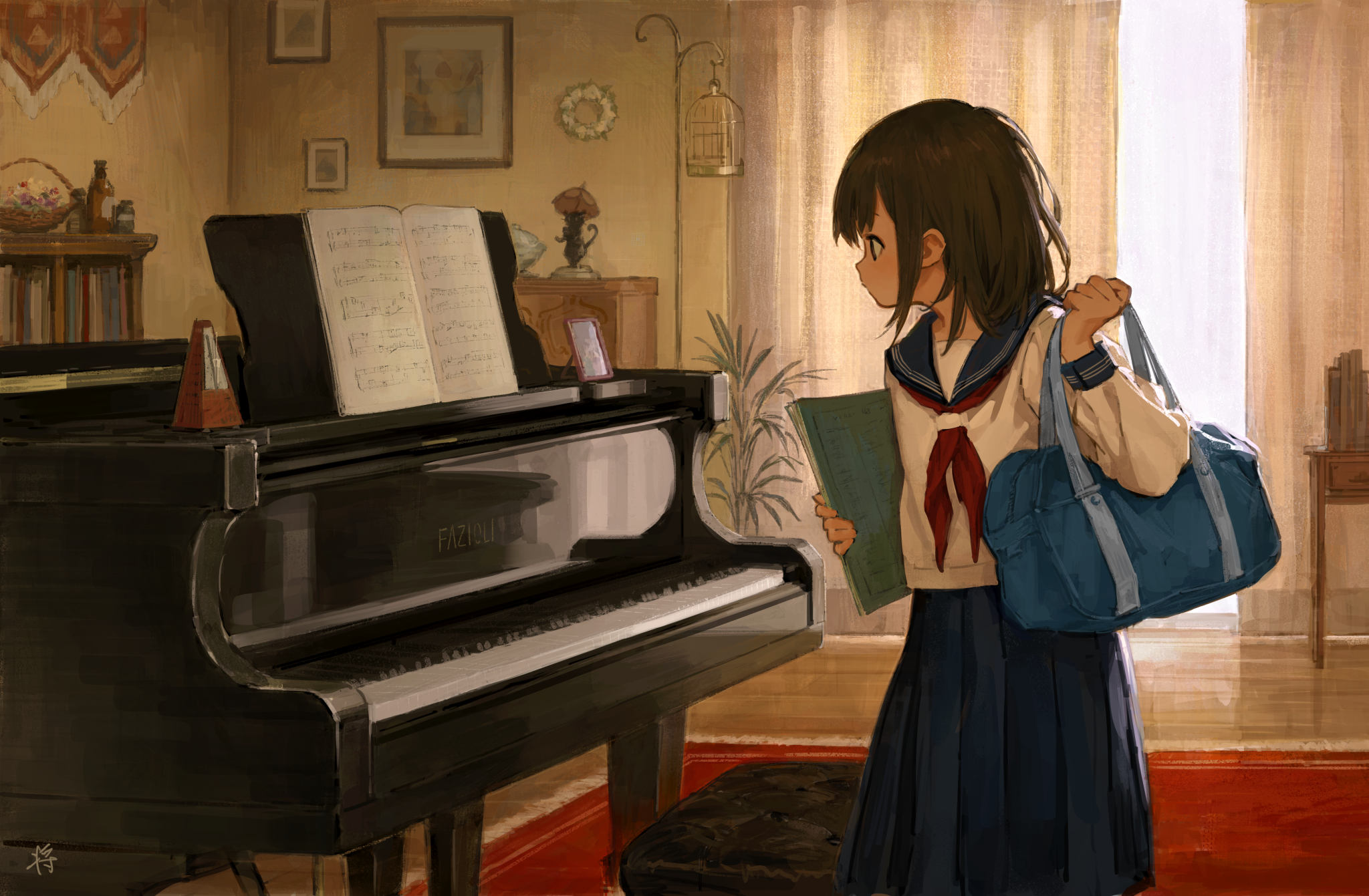 Download mobile wallpaper Anime, Piano, Book, Bag, Original, Brown Hair, Short Hair for free.
