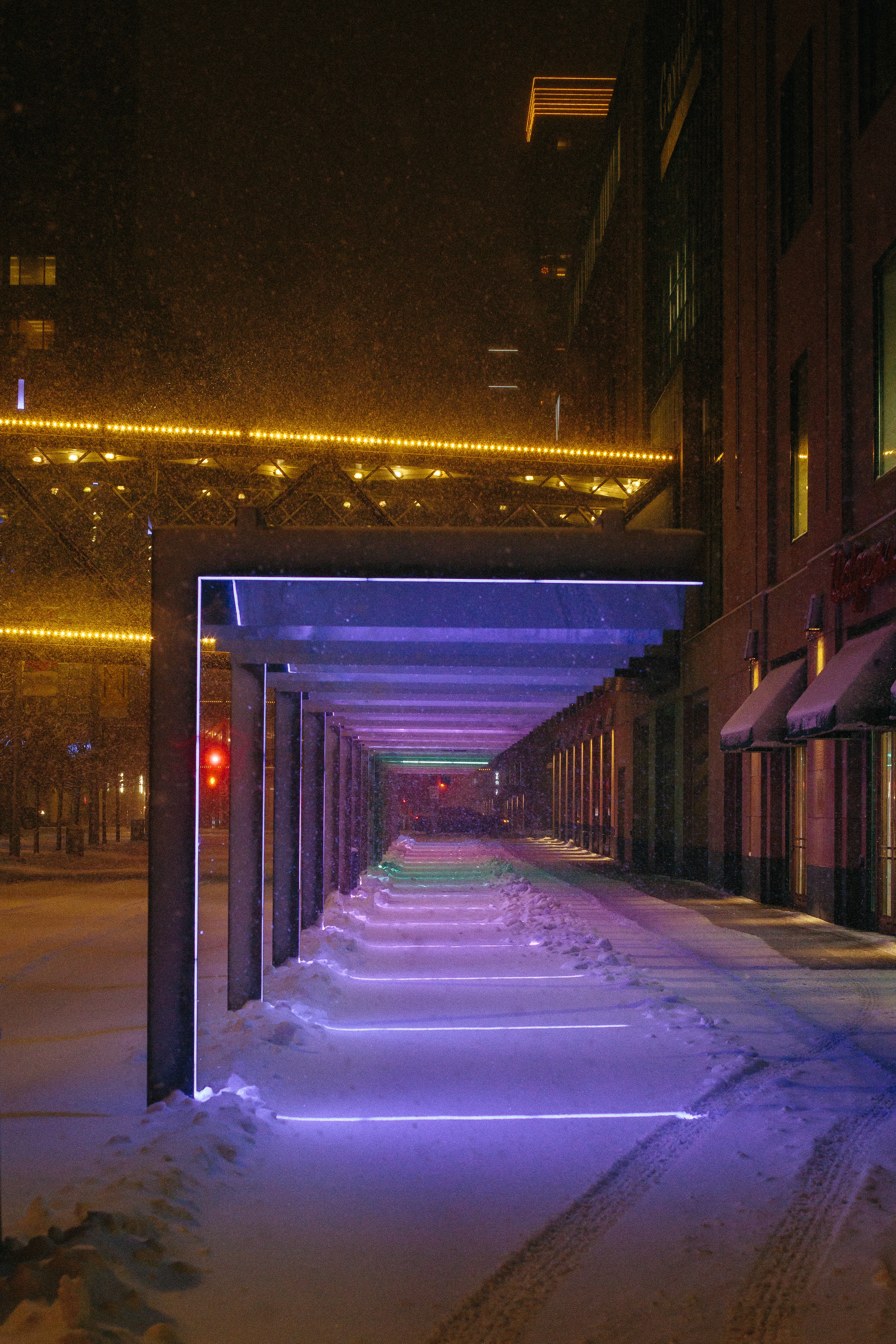 Download mobile wallpaper Tunnel, Cities, Snow, City, Street, Night for free.