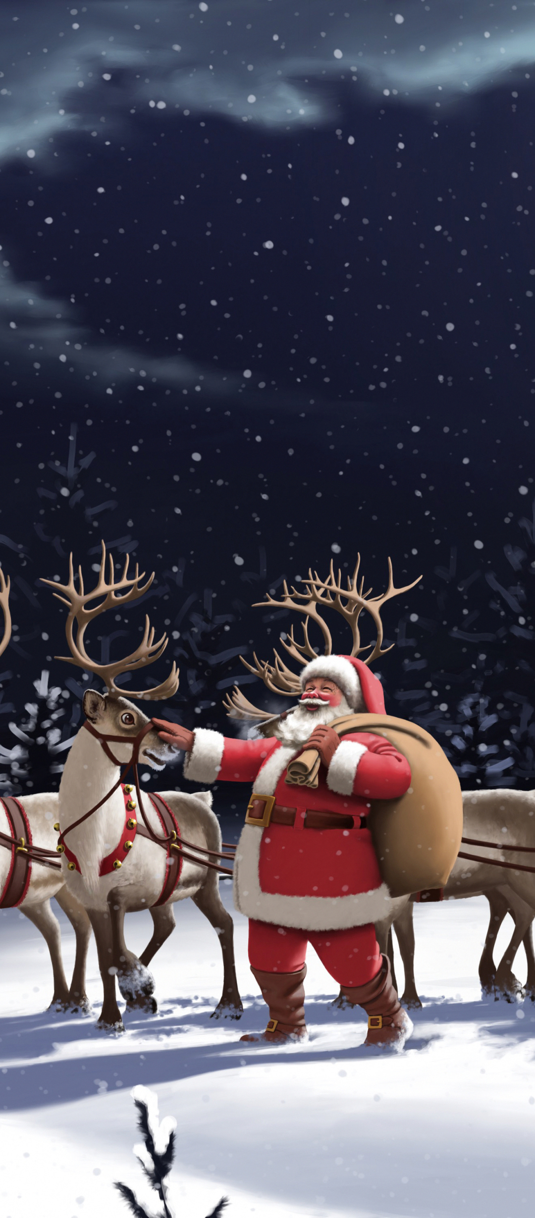 Handy-Wallpaper Feiertage, Weihnachtsmann, Weihnachten, Nacht, Rentier kostenlos herunterladen.