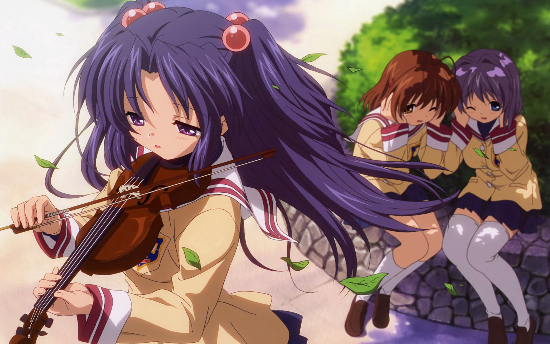 Laden Sie das Bogen, Violine, Park, Der Park, Laub, Mädchen, Anime-Bild kostenlos auf Ihren PC-Desktop herunter