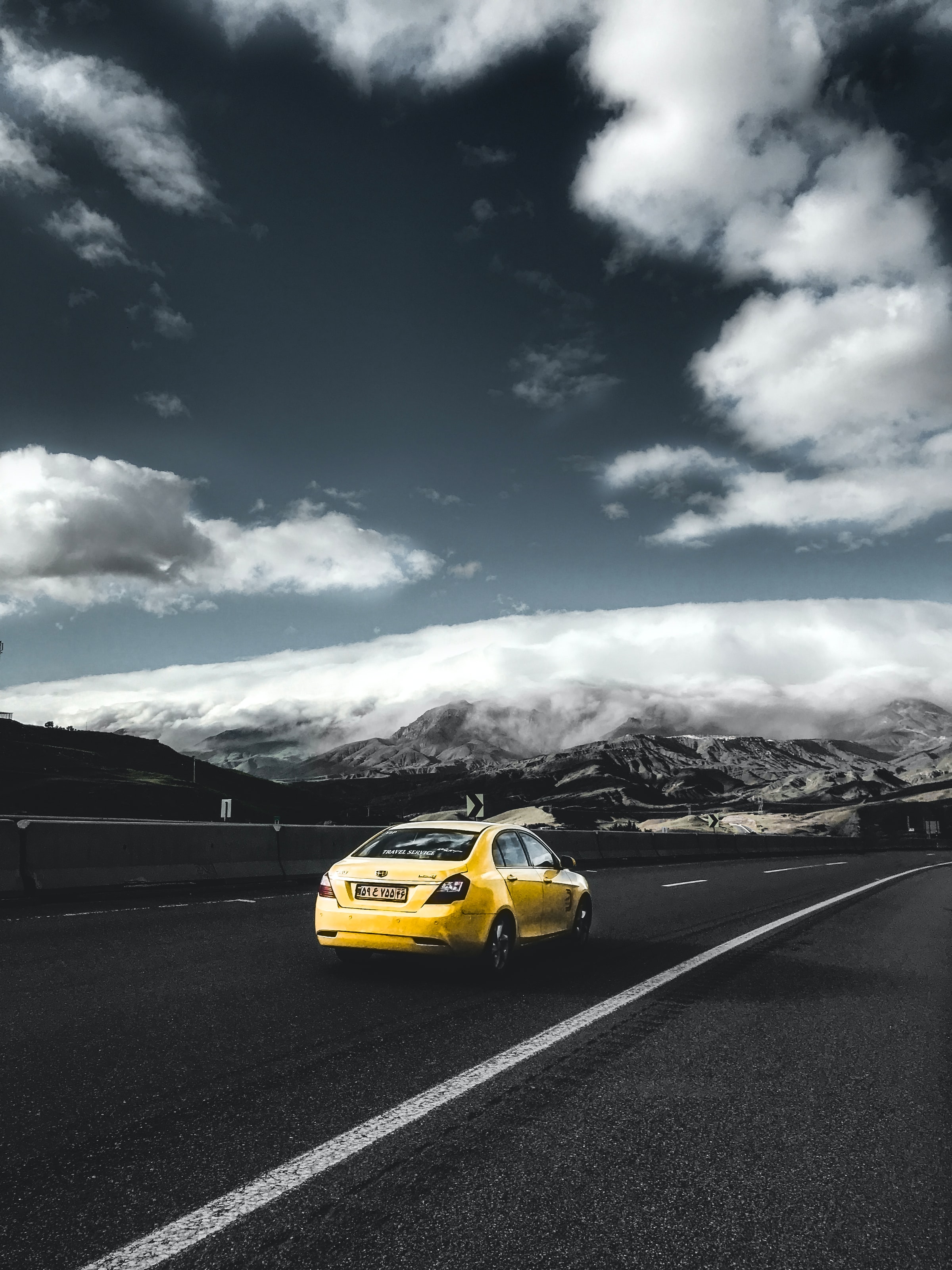 cars, yellow, road, car, machine, back view, rear view, geely