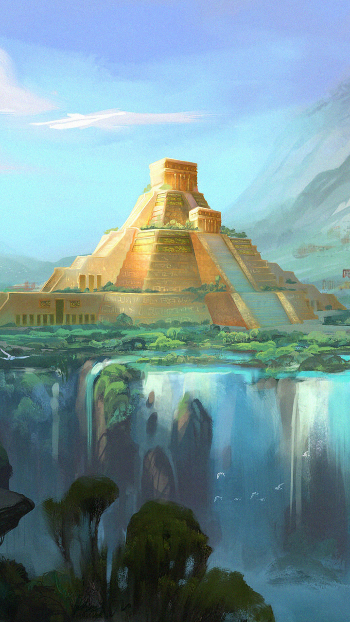 Download mobile wallpaper Landscape, Fantasy, Waterfall, Pyramid, Witch for free.