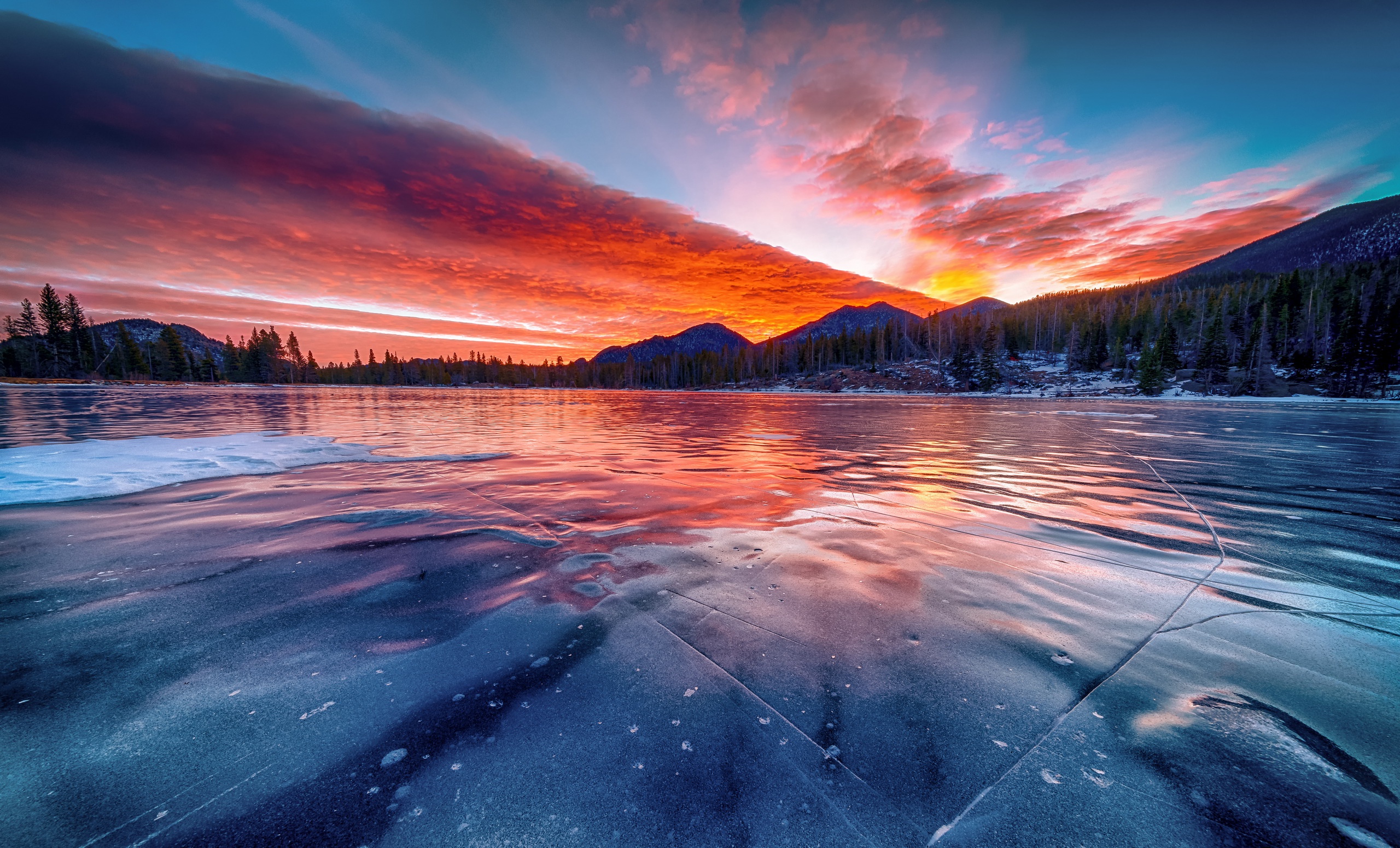 Download mobile wallpaper Winter, Nature, Sky, Ice, Mountain, Lake, Sunrise, Earth, Cloud for free.