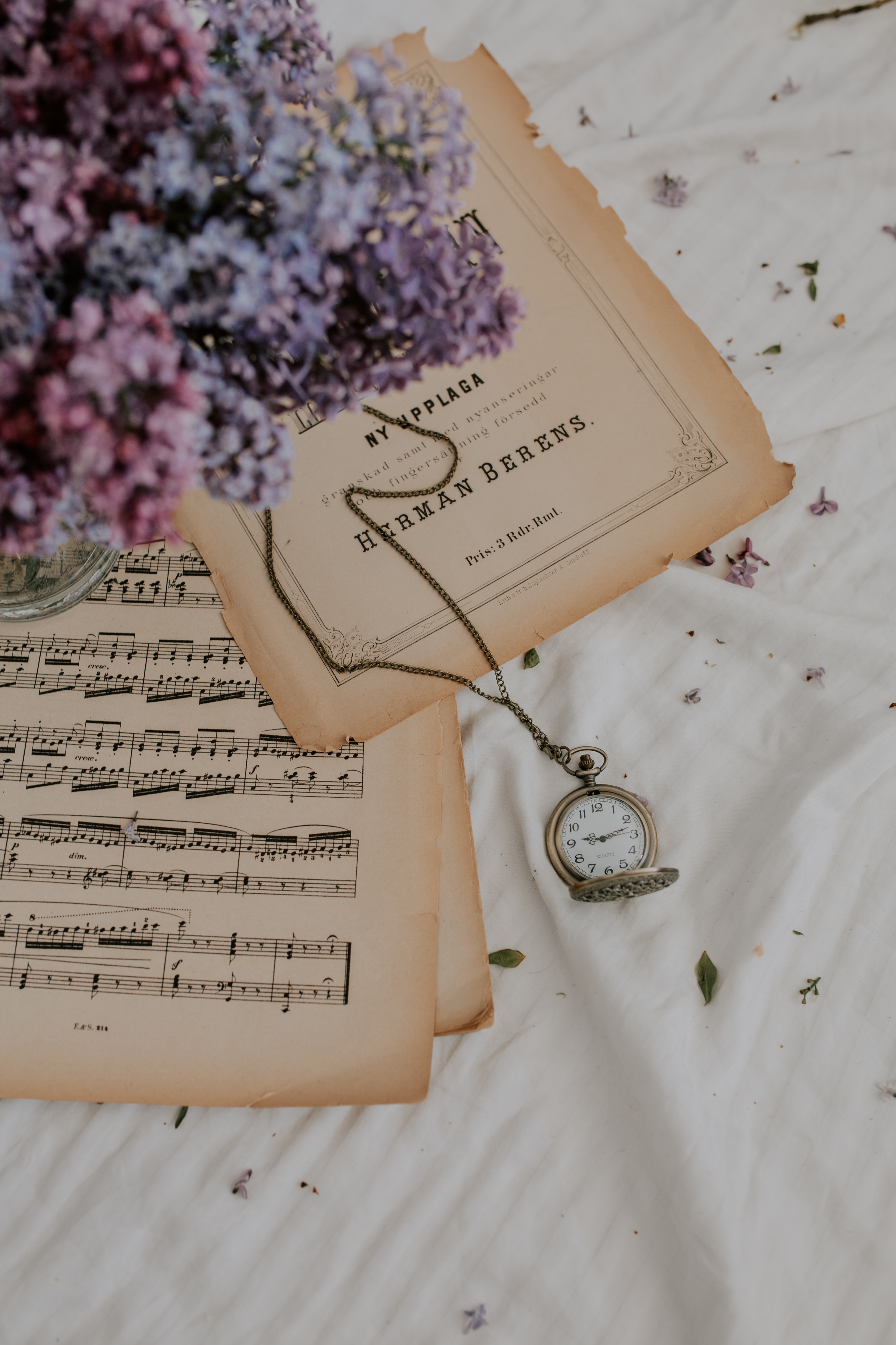 music, flowers, lilac, clock, miscellanea, miscellaneous, notes