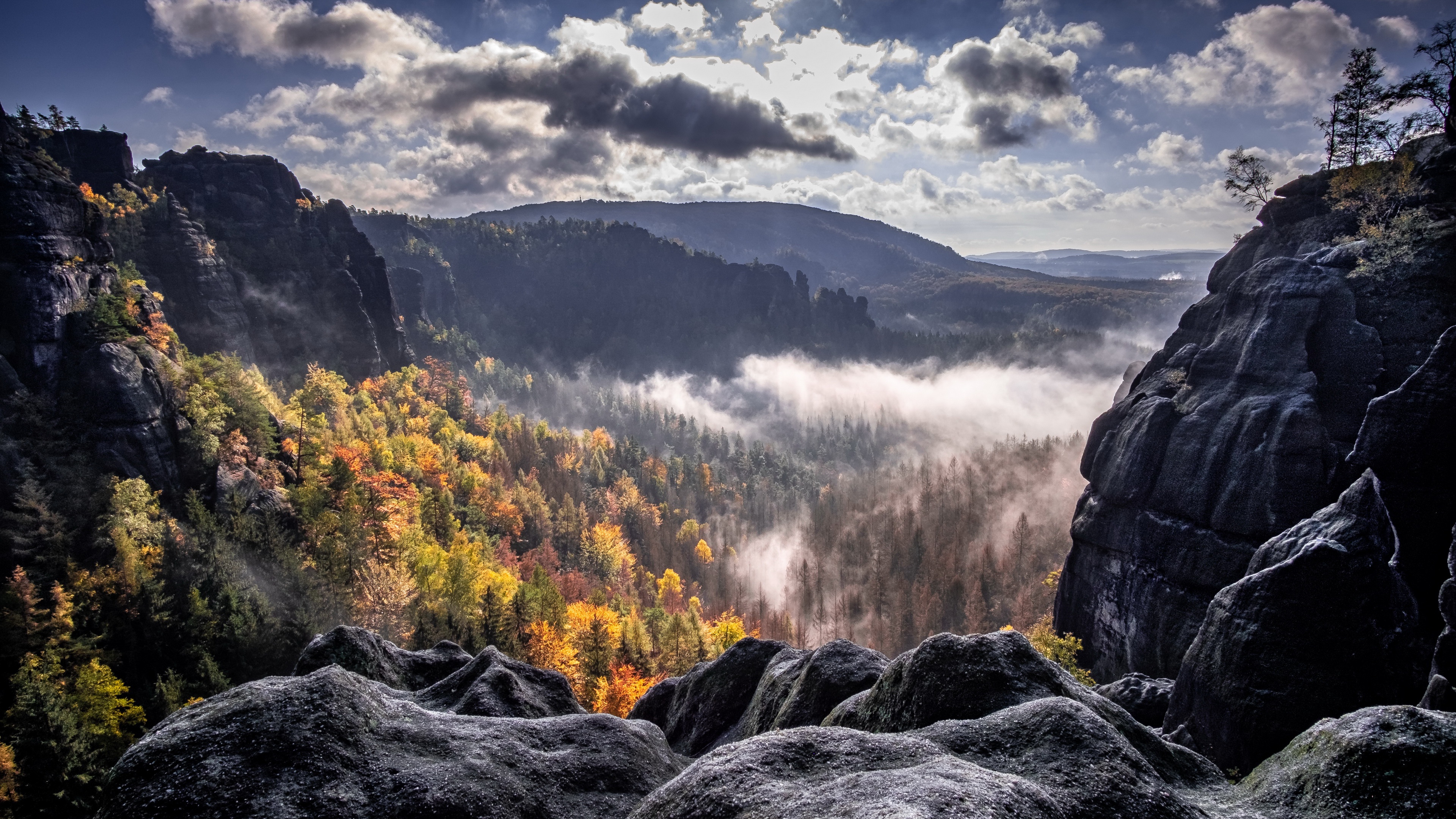 無料モバイル壁紙風景, 自然, 秋, 山, 森, 霧, 地球, クラウドをダウンロードします。
