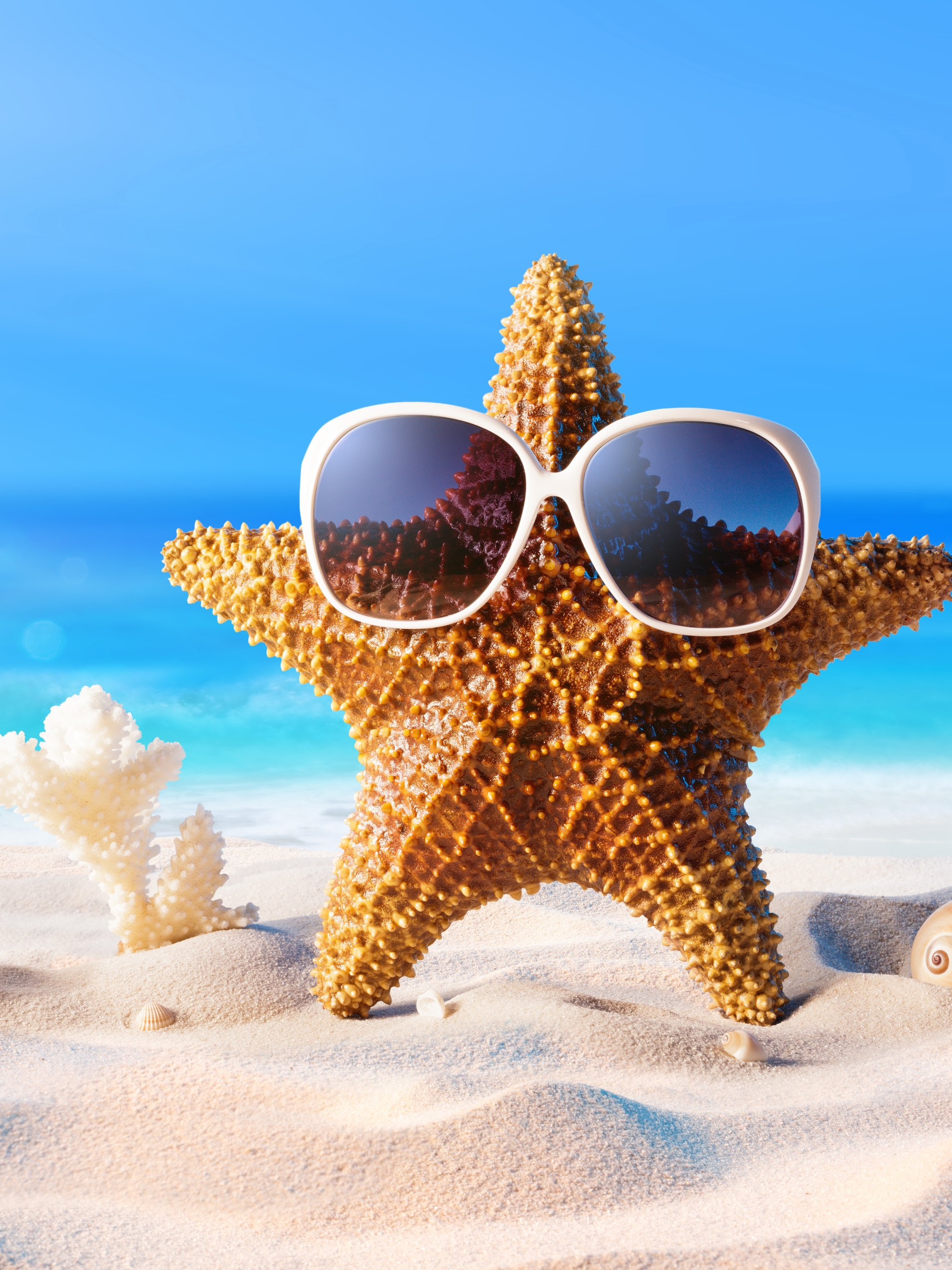 Download mobile wallpaper Sand, Summer, Starfish, Artistic, Sunglasses for free.