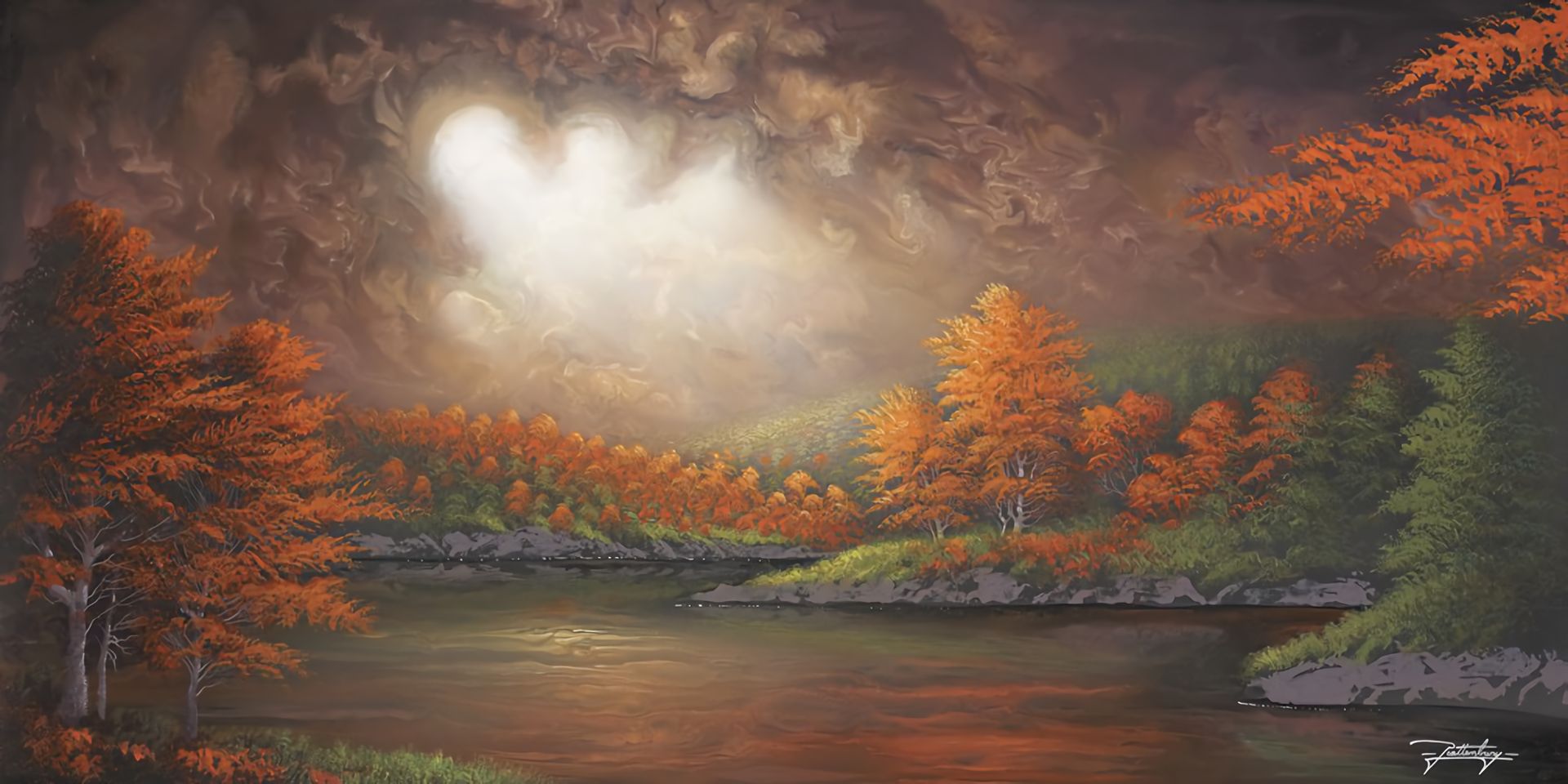 Free download wallpaper Lake, Forest, Tree, Fall, Painting, Artistic on your PC desktop