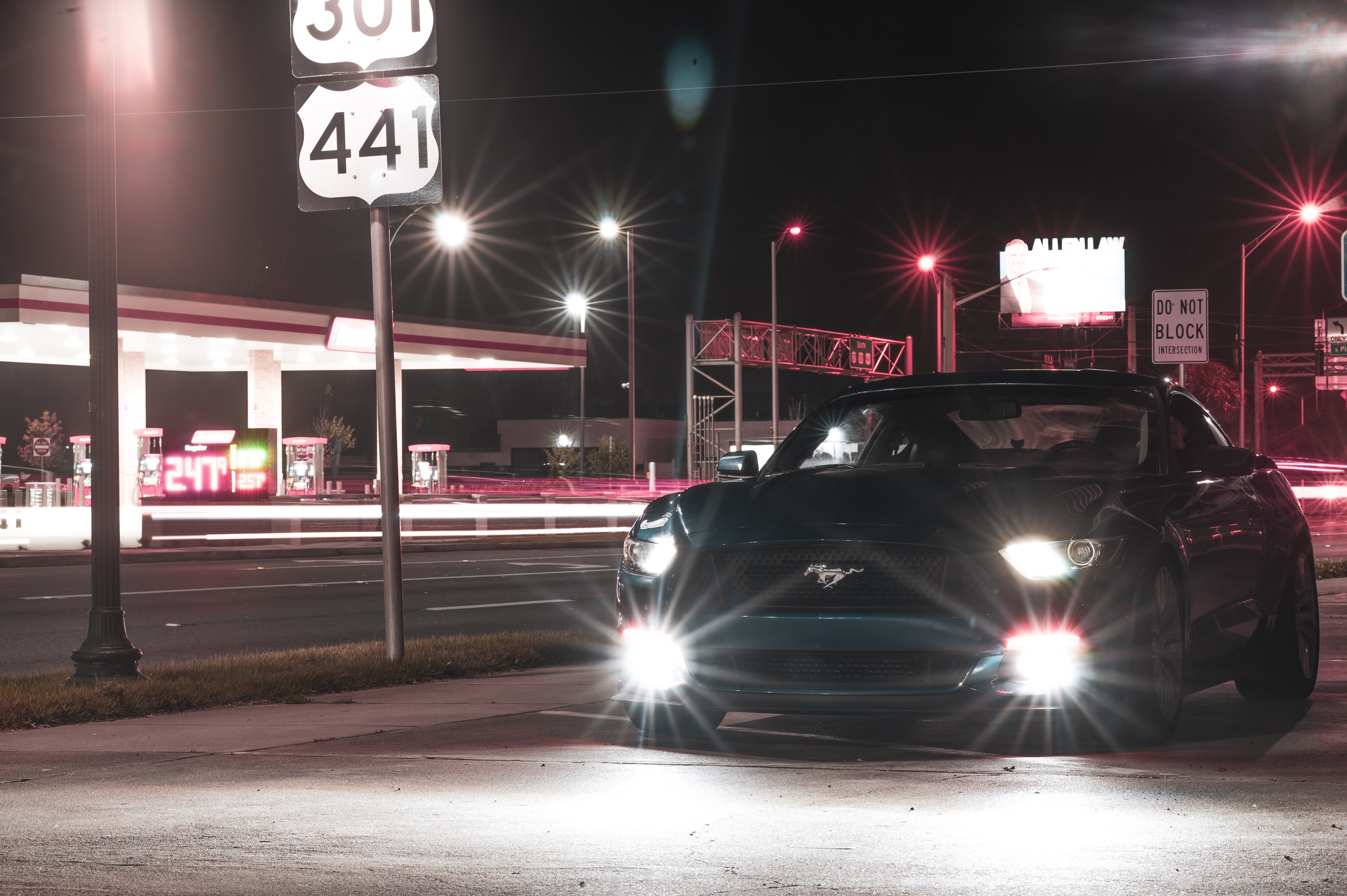 Download mobile wallpaper Lights, Road, Machine, Car, Headlights, Light, Shine, Cars, Mustang for free.