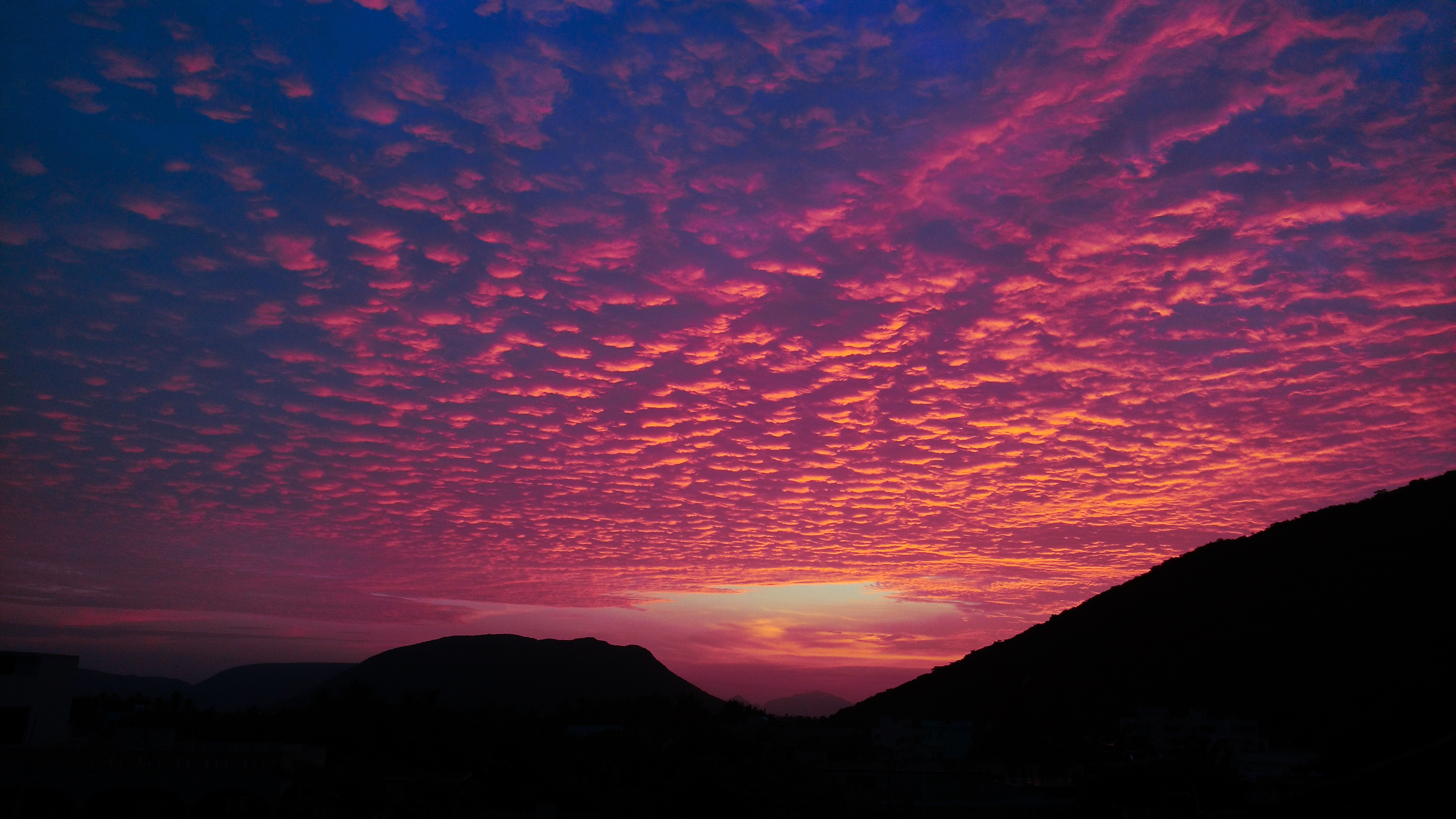 sunset, clouds, nature, hills, evening, porous Phone Background