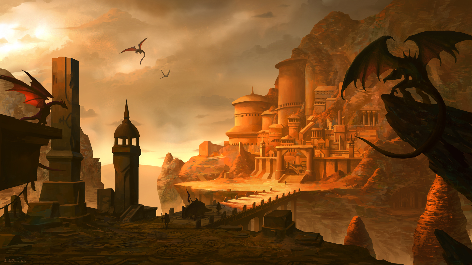 Download mobile wallpaper Fantasy, City, Mountain, Dragon for free.