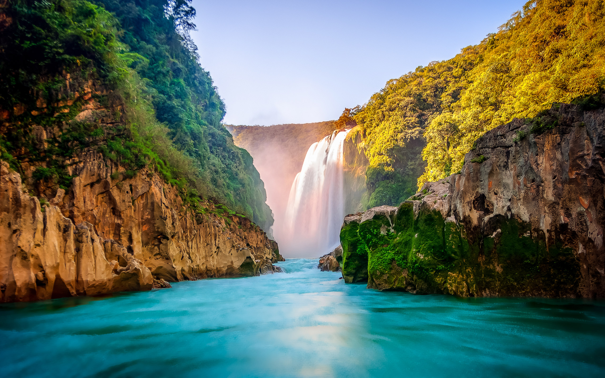 Download mobile wallpaper Canyon, Waterfalls, Lake, Waterfall, Earth for free.