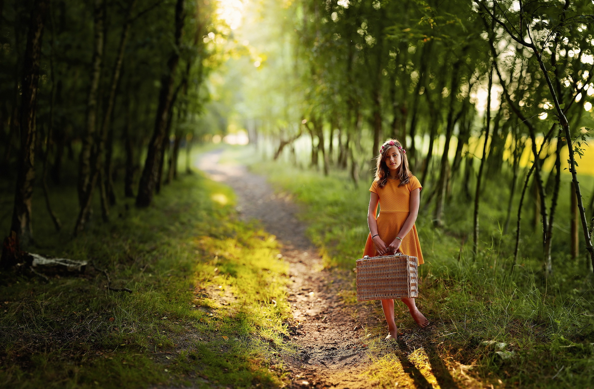 Download mobile wallpaper Path, Child, Brunette, Sunny, Photography, Depth Of Field, Orange Dress for free.