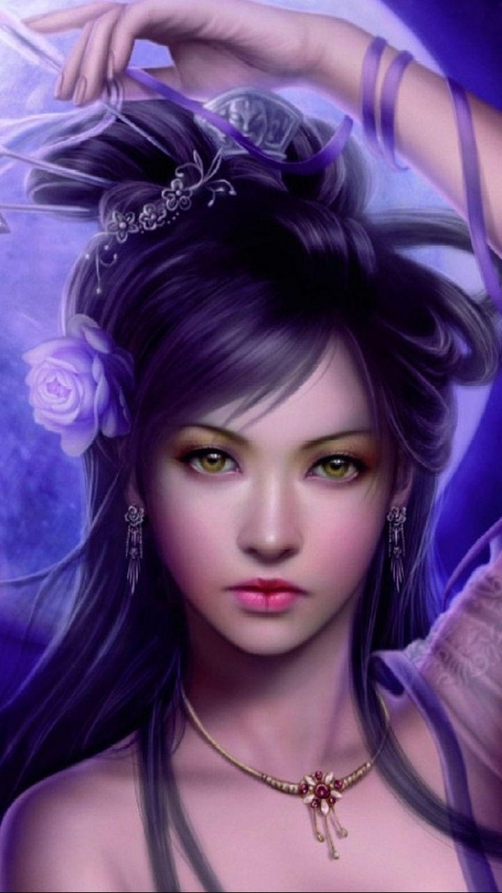 Download mobile wallpaper Fantasy, Moon, Purple, Face, Ribbon, Women, Asian for free.