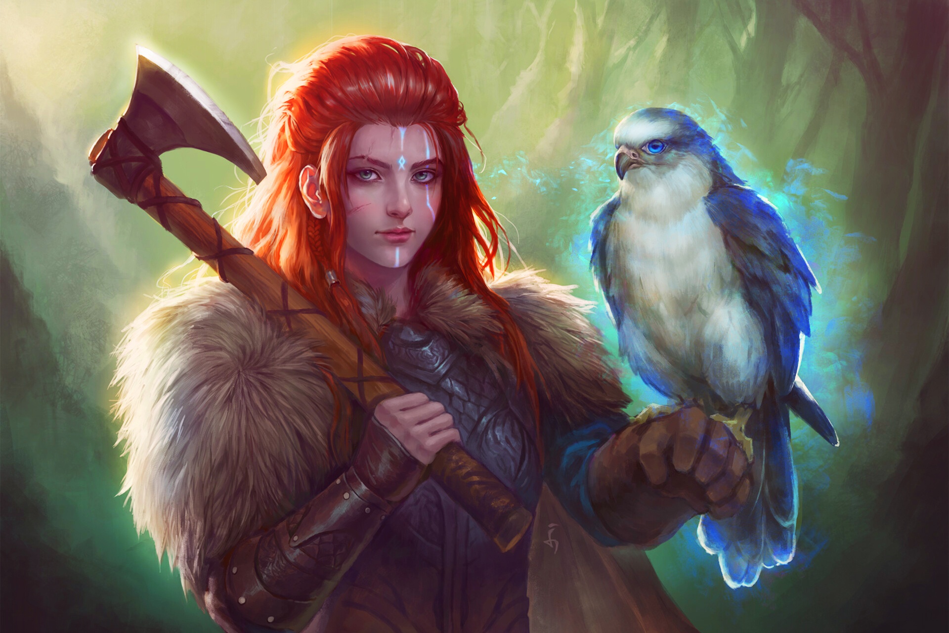 Download mobile wallpaper Fantasy, Bird, Falcon, Axe, Red Hair, Woman Warrior, Viking for free.