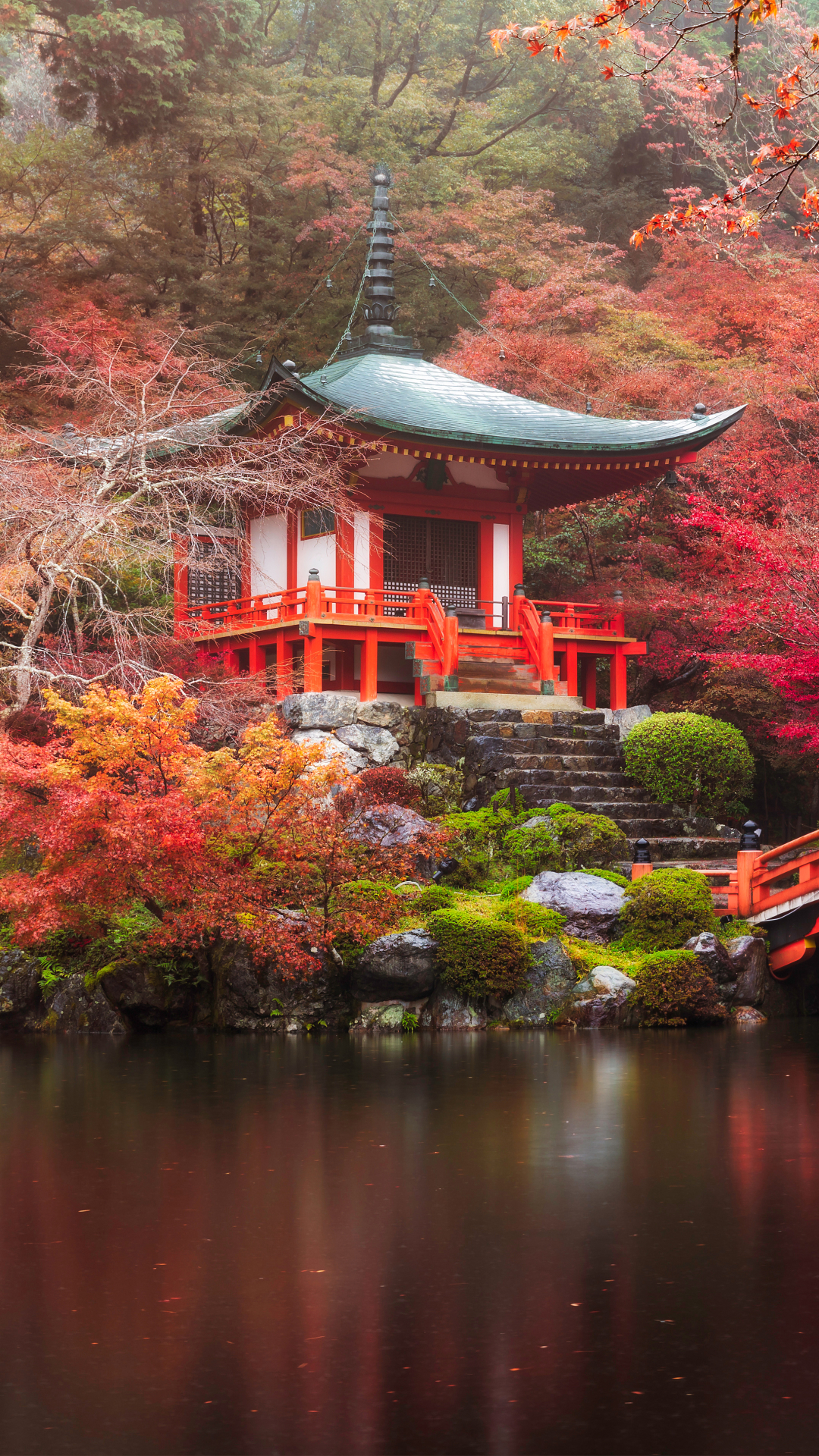 Download mobile wallpaper Nature, Park, Tree, Fall, Bridge, Pagoda, Japan, Pond, Photography, Temples, Kyoto, Daigo Ji for free.