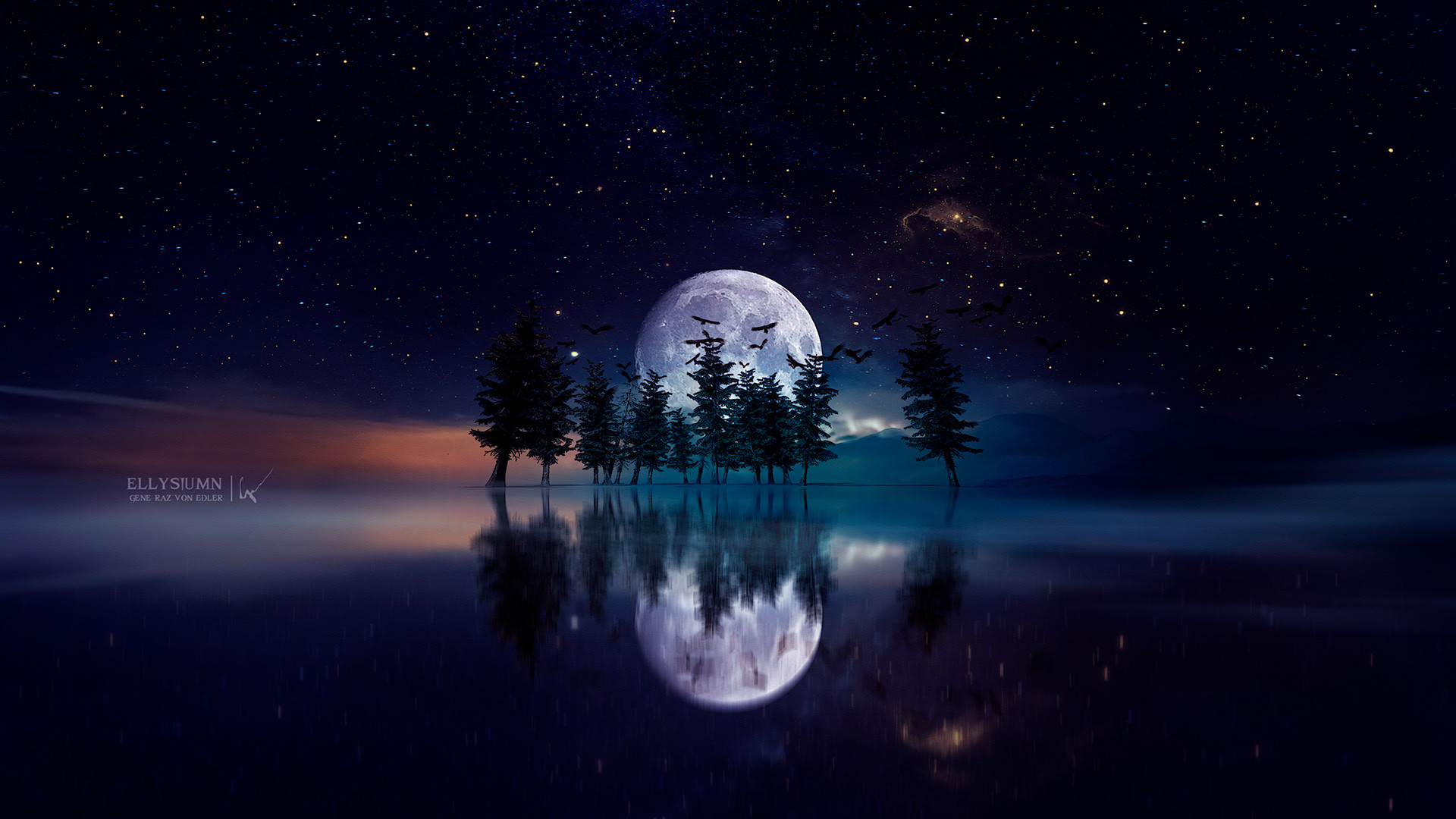 Free download wallpaper Landscape, Fantasy, Moon, Reflection, Tree on your PC desktop