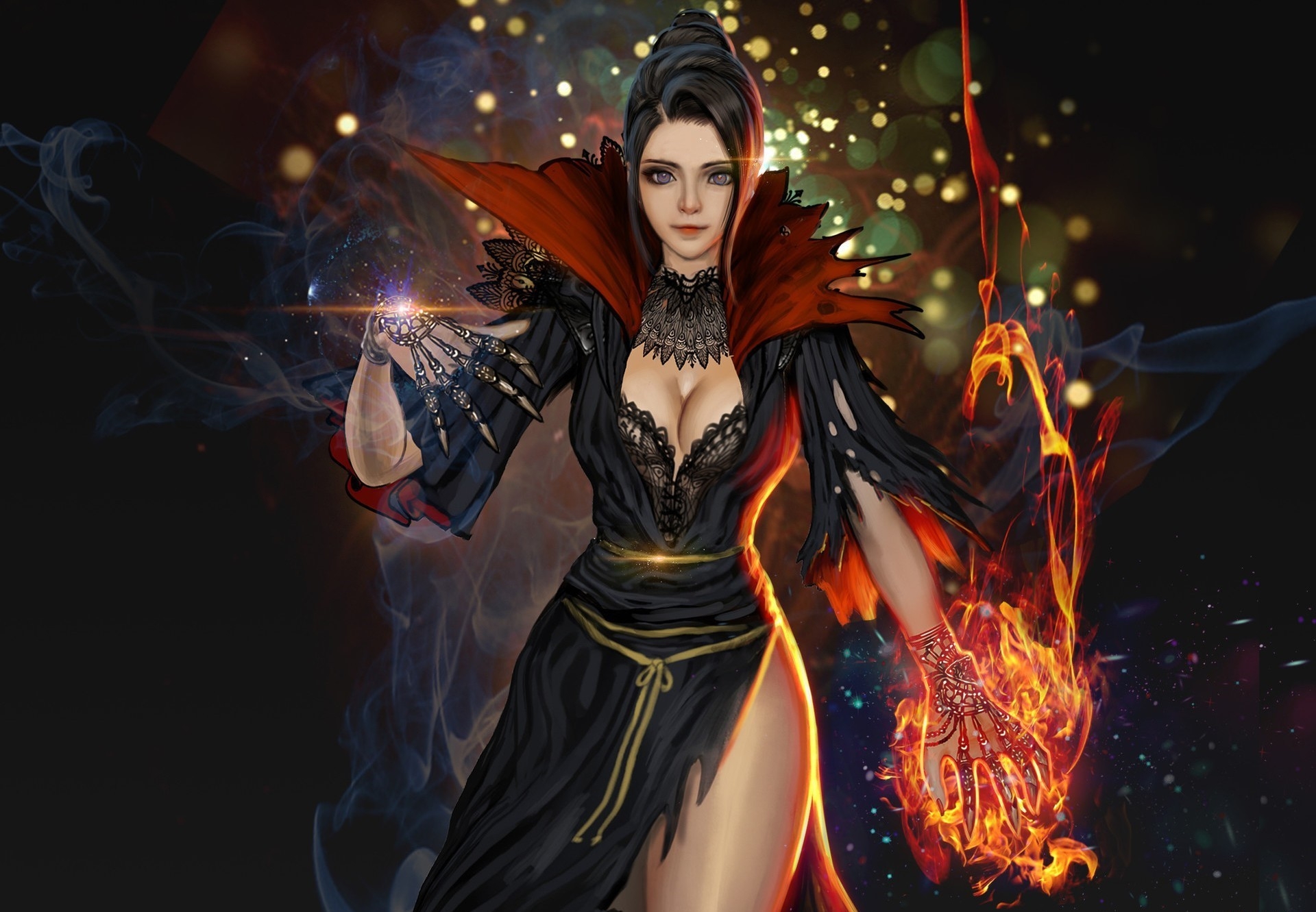 Free download wallpaper Magic, Fantasy, Fire, Sorceress, Black Hair, Purple Eyes on your PC desktop
