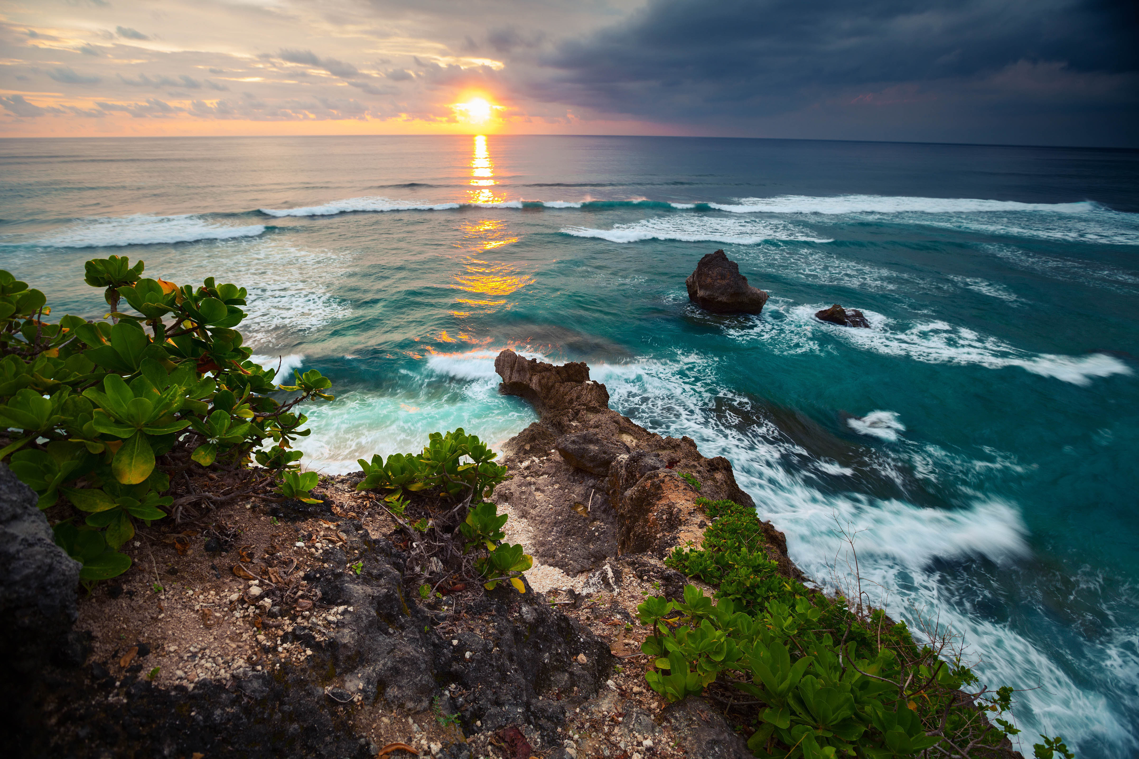 coastline, sea, indonesia, ocean, horizon, sunset, earth