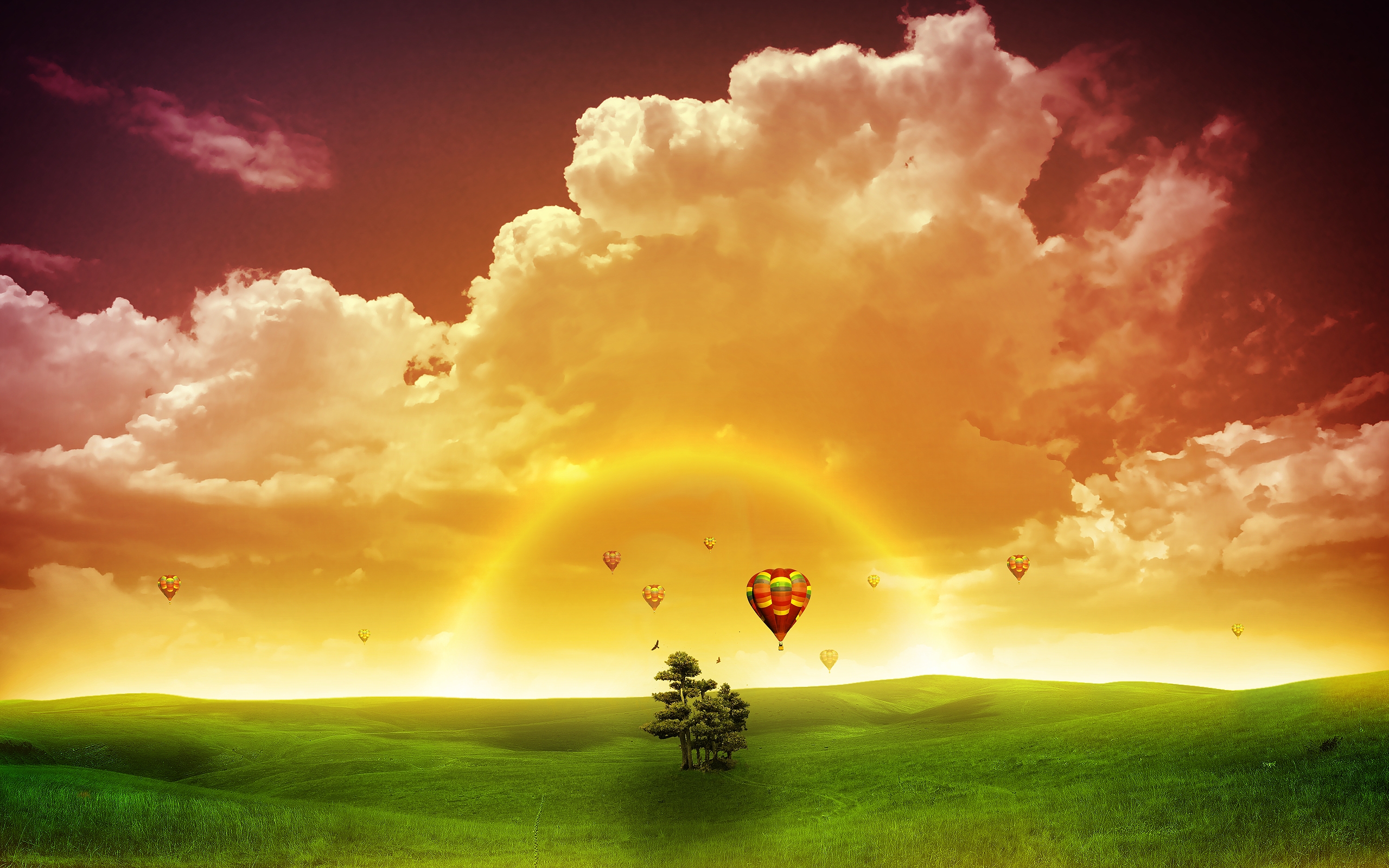 tree, artistic, surreal, fantasy, field, hot air balloon