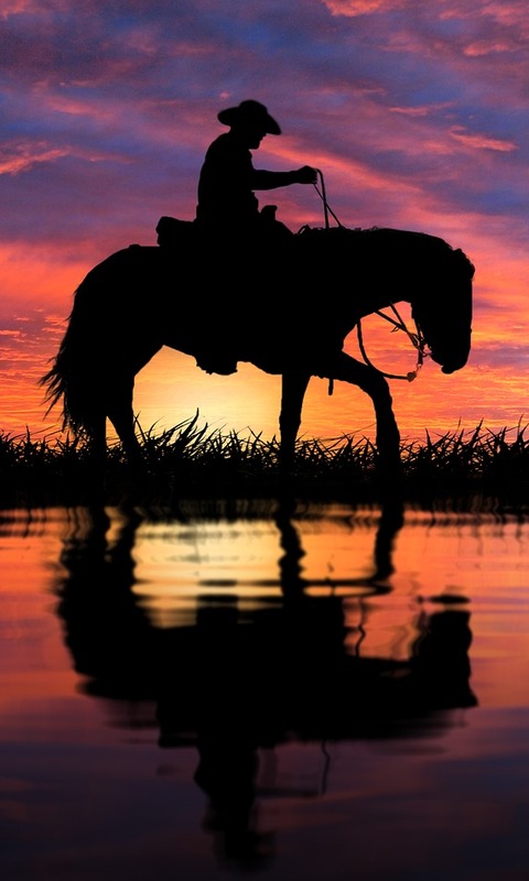 Download mobile wallpaper Water, Sunset, Silhouette, Horse, Photography, Cowboy for free.