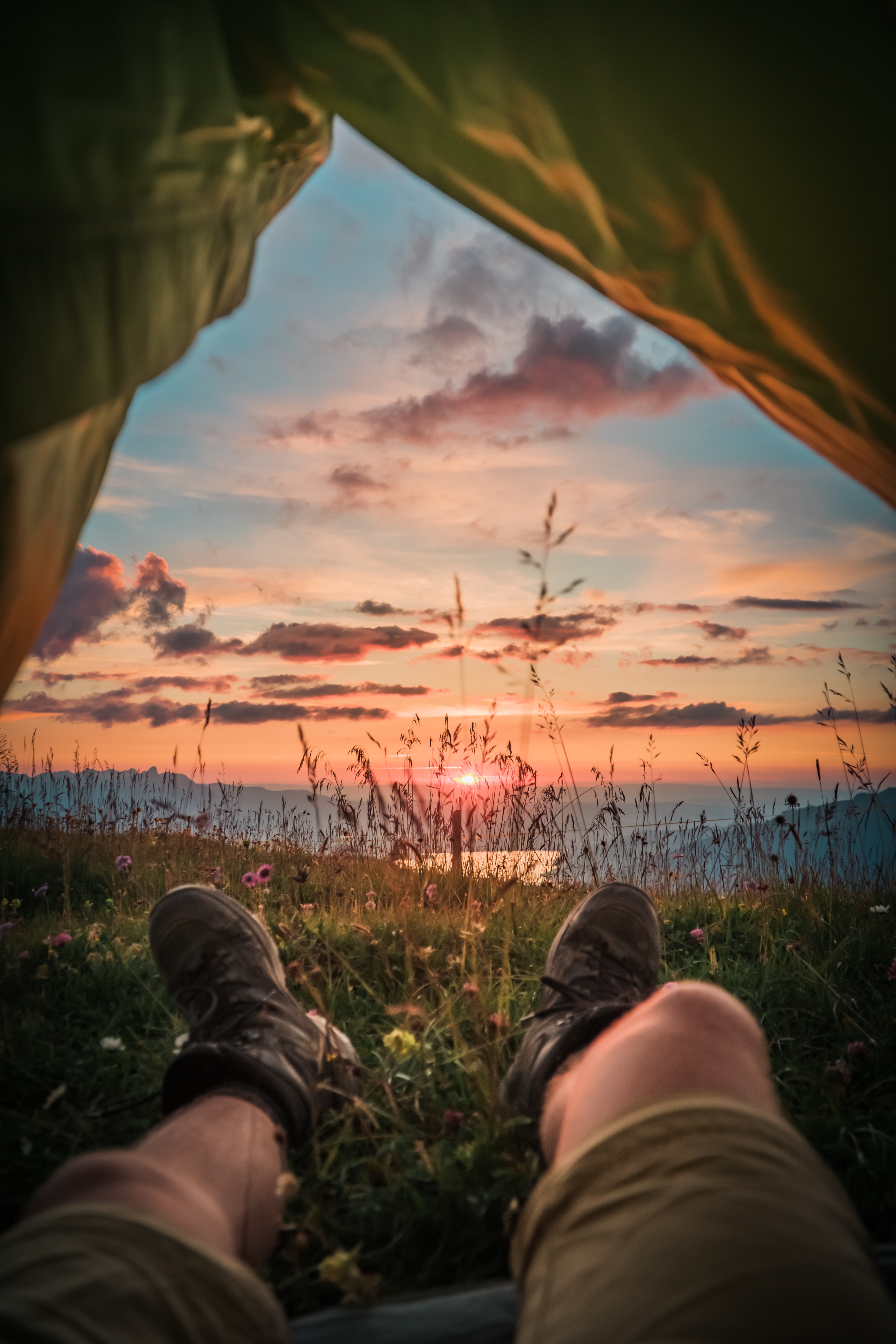 rest, campsite, dawn, miscellanea, miscellaneous, legs, relaxation, tent, camping