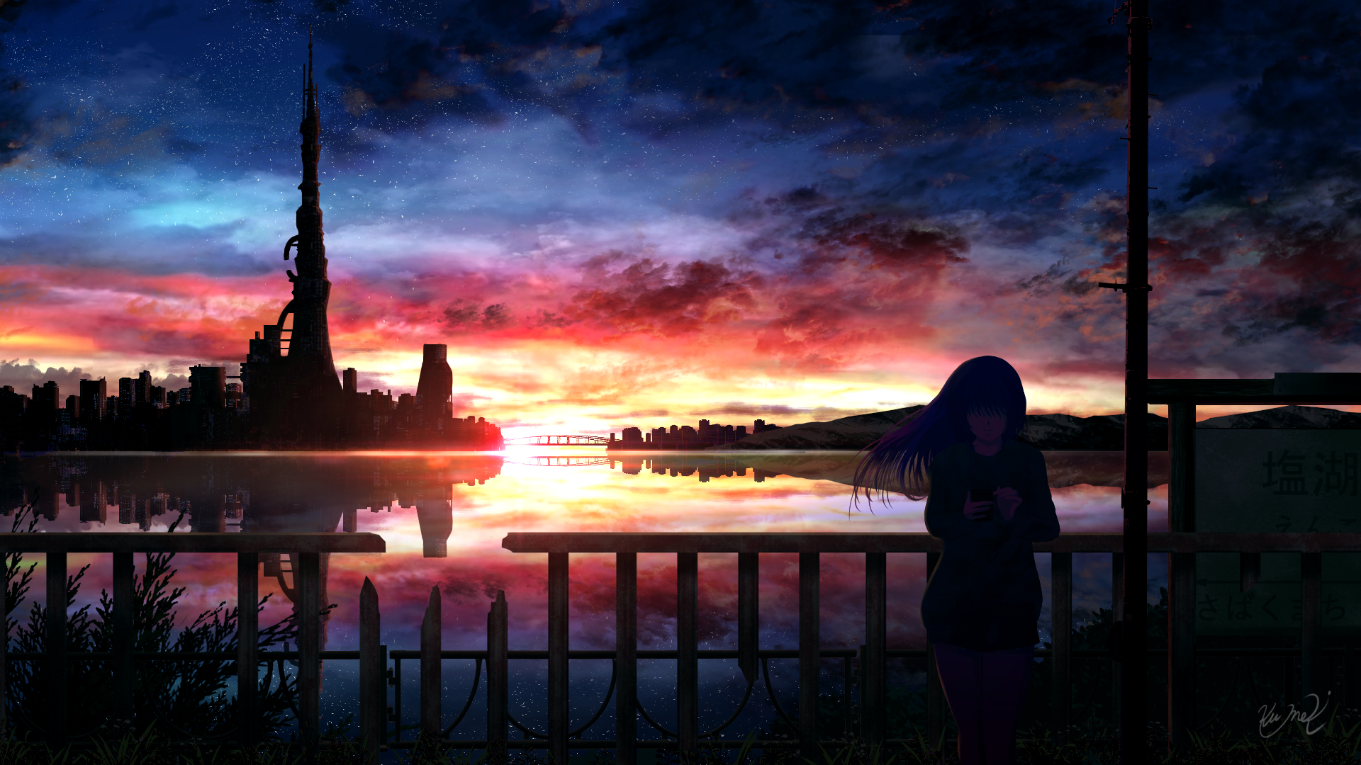 Download mobile wallpaper Anime, Sunset, City, Lake, Starry Sky, Original for free.