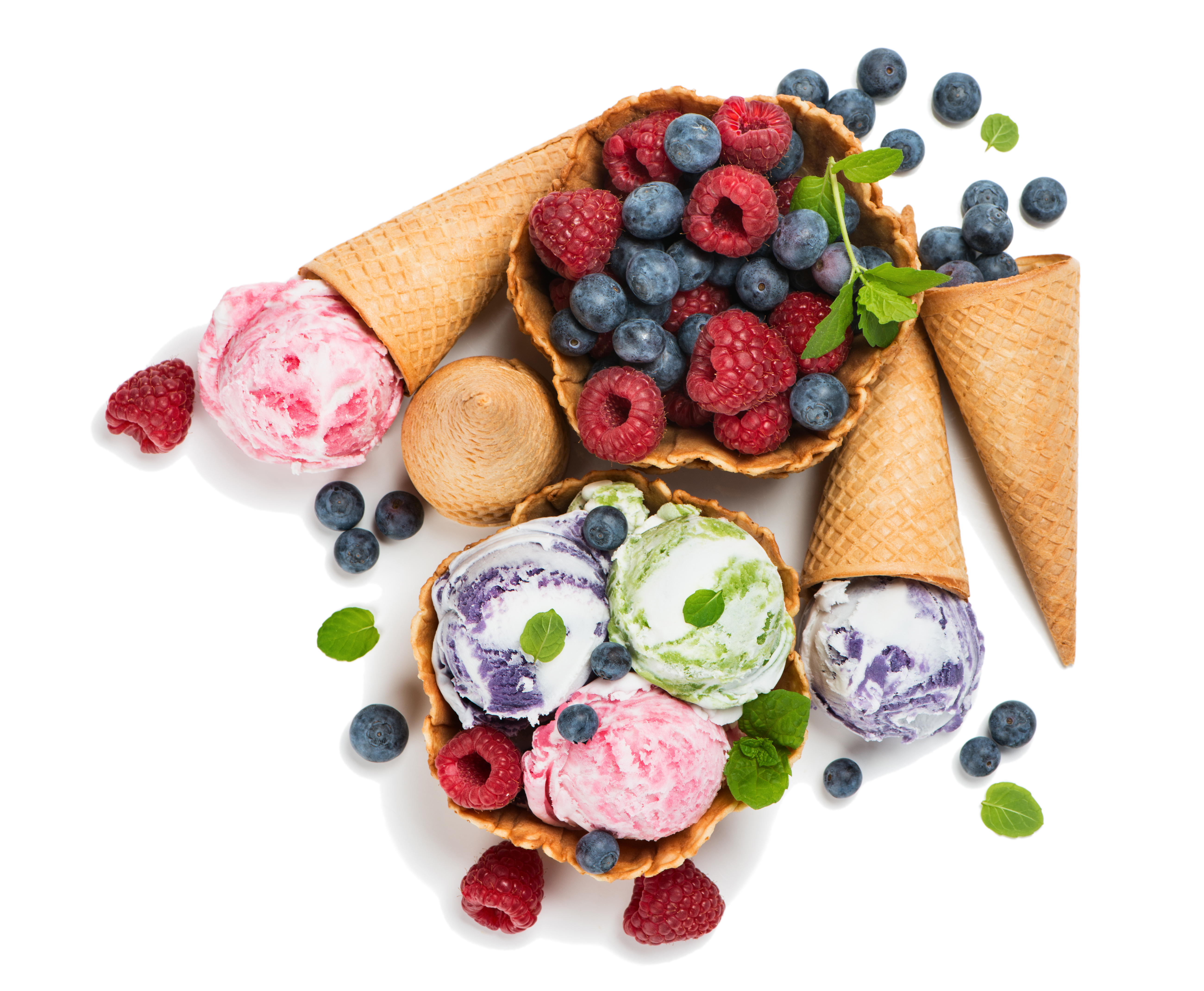 Download mobile wallpaper Food, Blueberry, Raspberry, Ice Cream, Still Life, Berry, Fruit, Sweets, Waffle Cone for free.