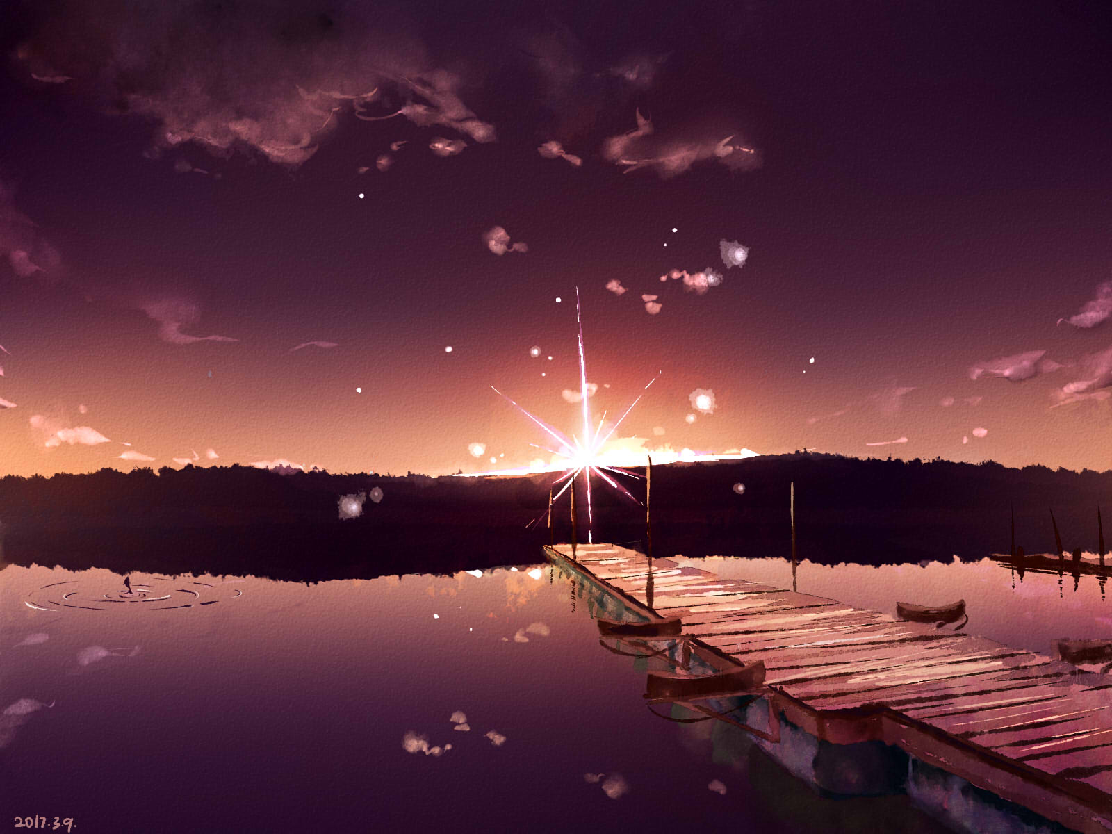 Download mobile wallpaper Anime, Landscape, Water, Sun, Bridge for free.