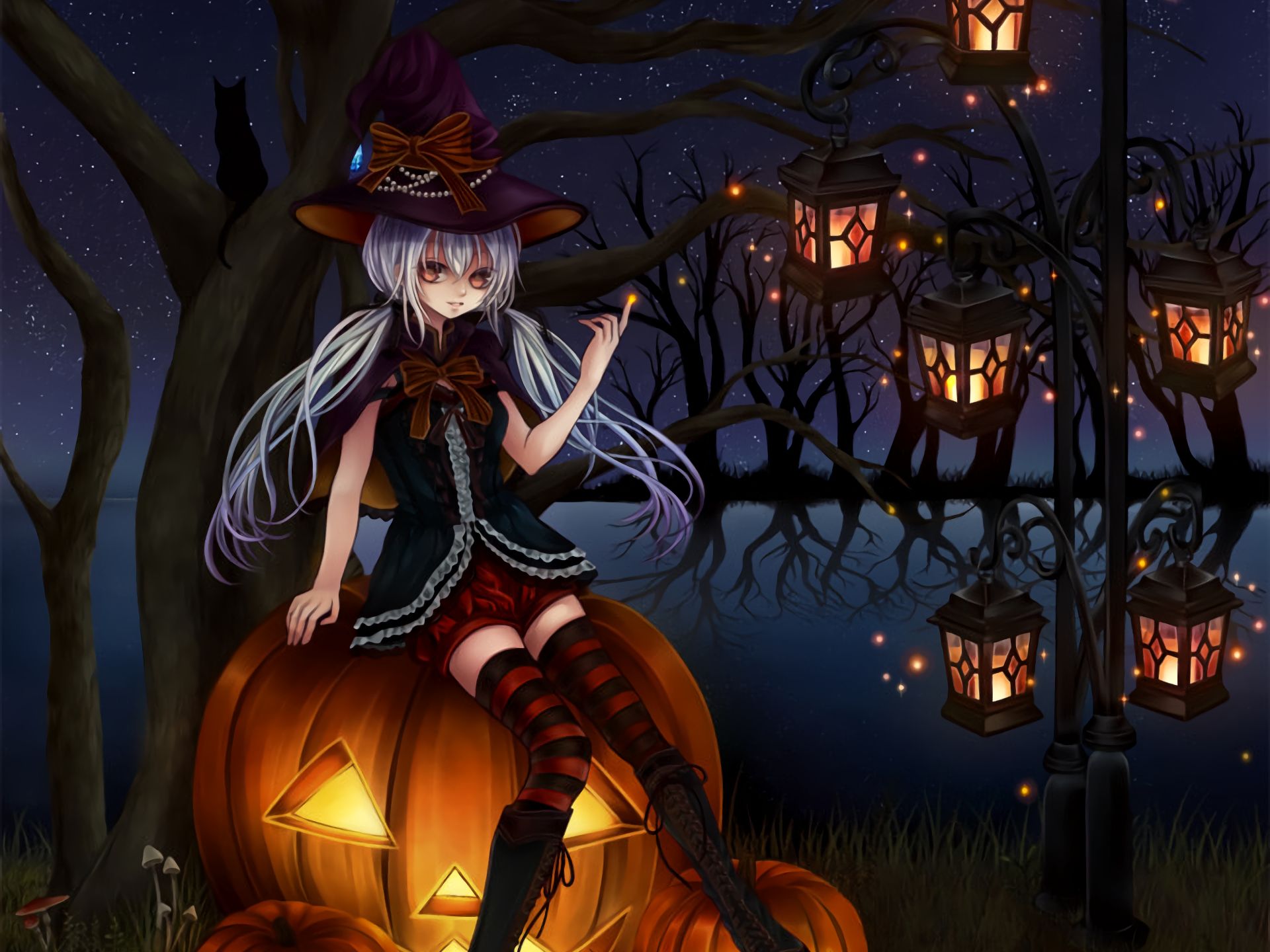 anime, halloween, holiday, jack o' lantern, lantern, night, white hair, witch hat
